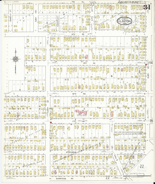 Sanborn Fire Insurance Map from Clinton, Clinton County, Iowa (1917), Sheet #0034 - Historic Sanborn Fire Insurance Map Print, vintage old map wall art