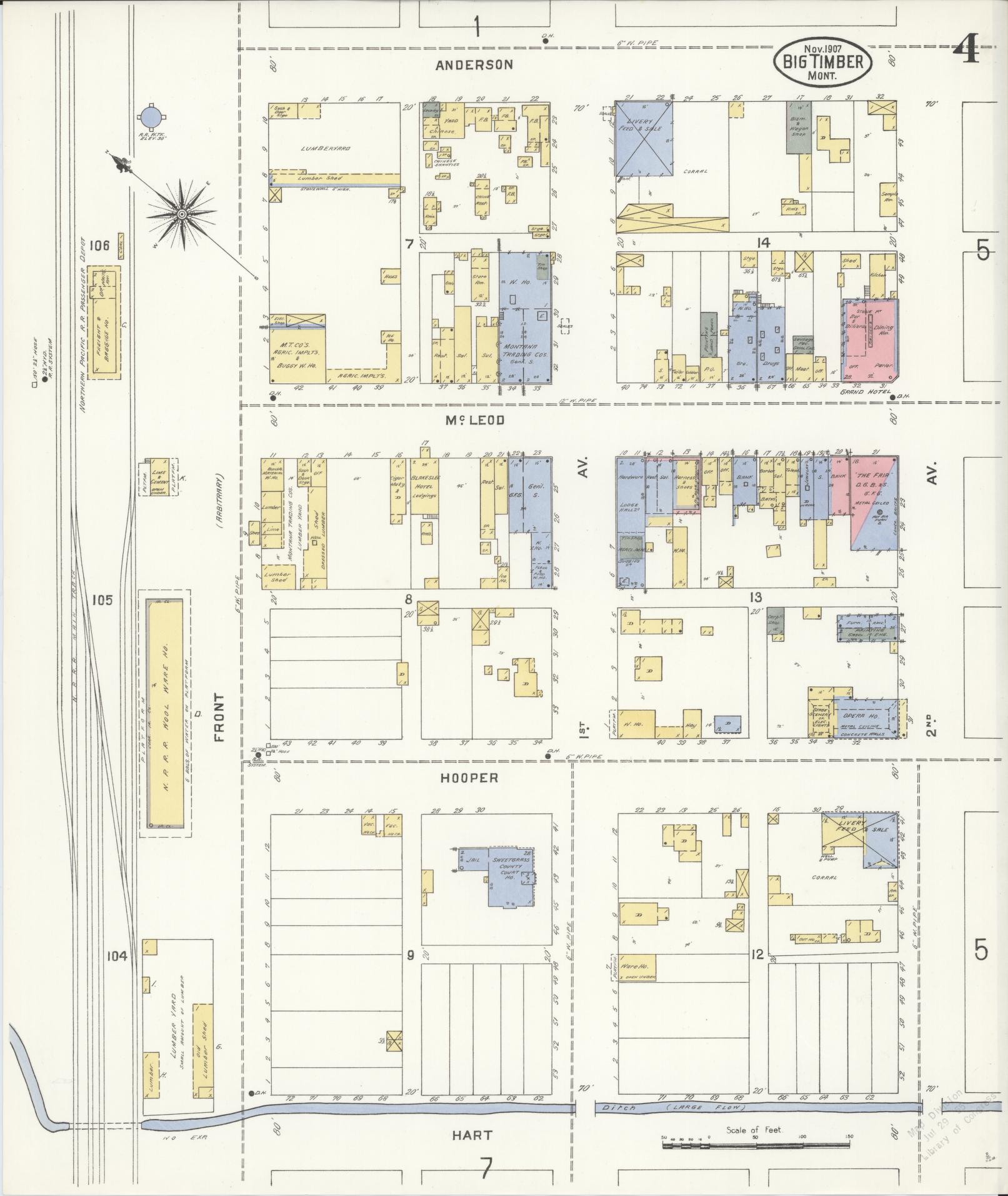 Sanborn Fire Insurance Map from Big Timber, Sweet Grass County, Montana (1907), Sheet #0004 - Complete Map Set gallery image, historic Sanborn map, vintage wall art, Montana Montana