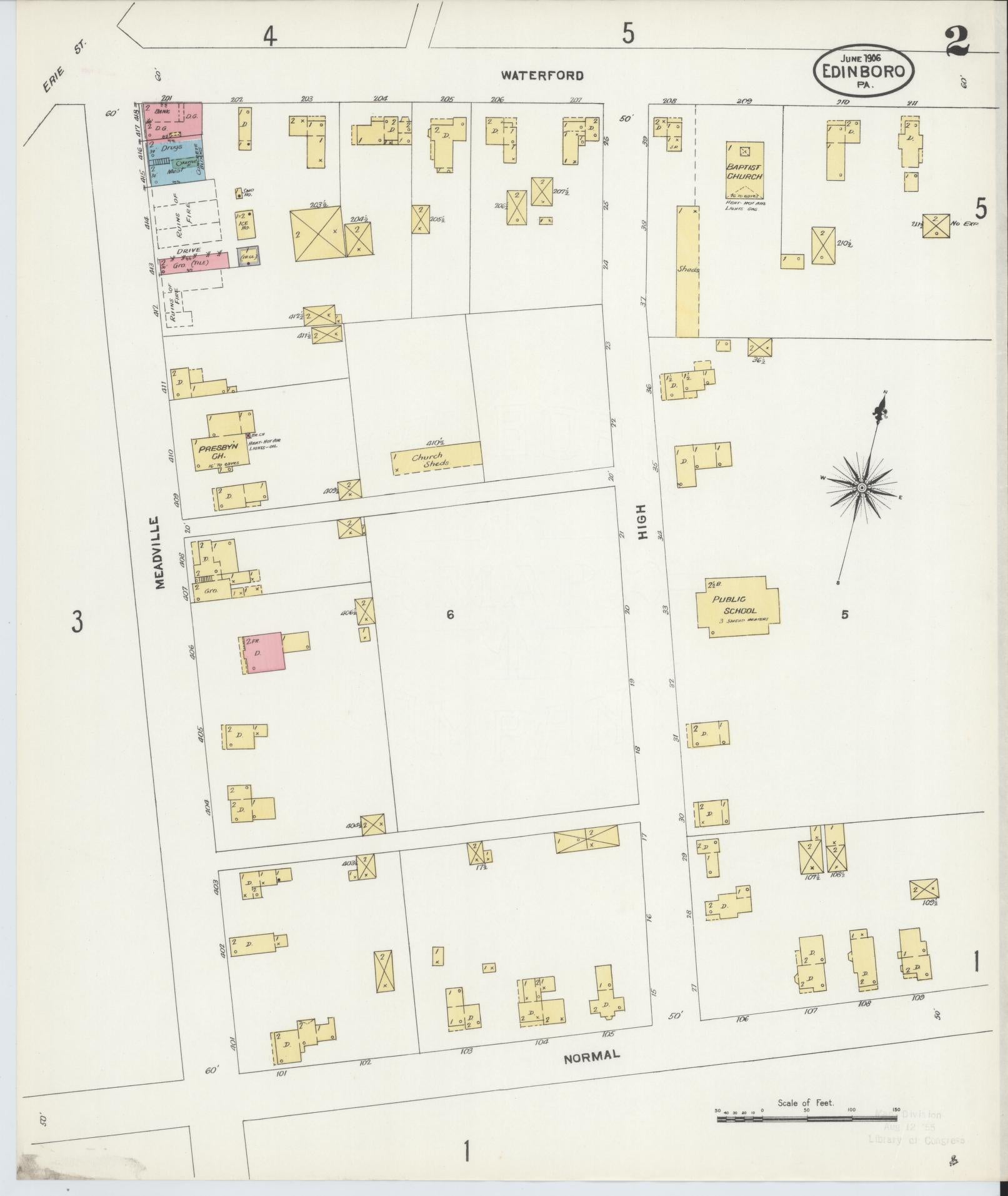 Sanborn Fire Insurance Map from Edinboro, Erie County, Pennsylvania (1906), Sheet #0002 - Historic Sanborn Fire Insurance Map Print, vintage old map wall art, antique decor, genealogy gift, Pennsylvania Pennsylvania map