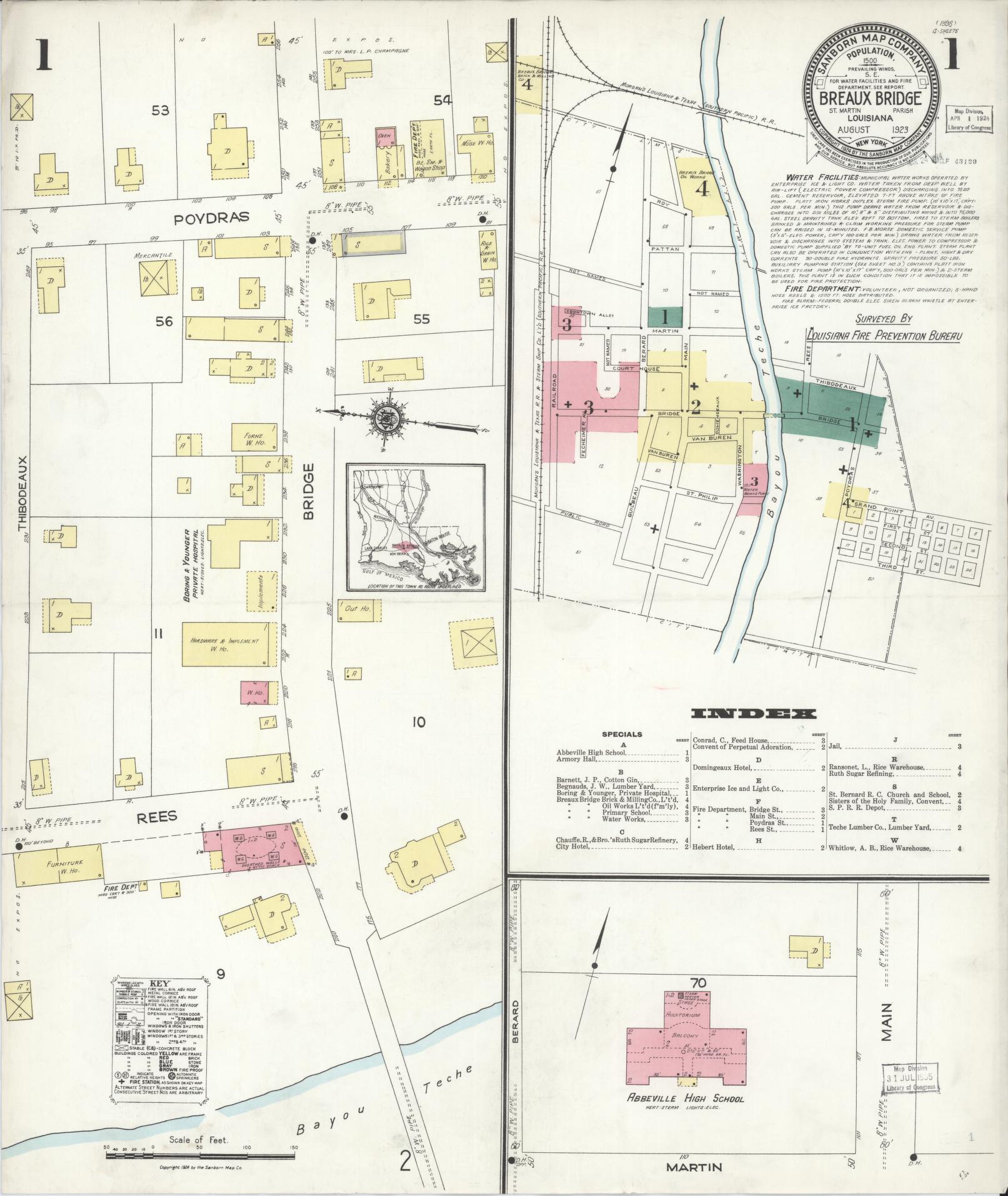 Sanborn Fire Insurance Map from Breaux Bridge, Saint Martin Parish, Louisiana (1923), Sheet #0001 - Complete Map Set gallery image, historic Sanborn map, vintage wall art, Louisiana Louisiana