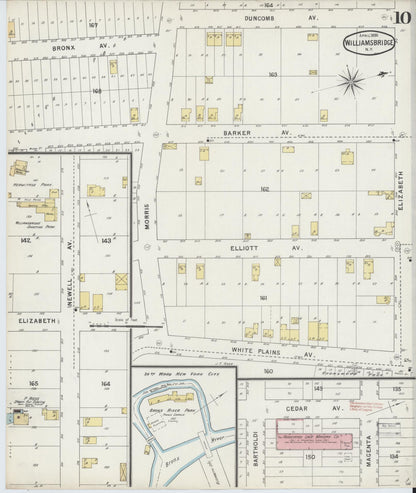 Sanborn Fire Insurance Map from Williamsbridge, Westchester County, New York (1895), Sheet #0010 - Historic Sanborn Fire Insurance Map Print, vintage old map wall art, antique decor, genealogy gift, New York New York map