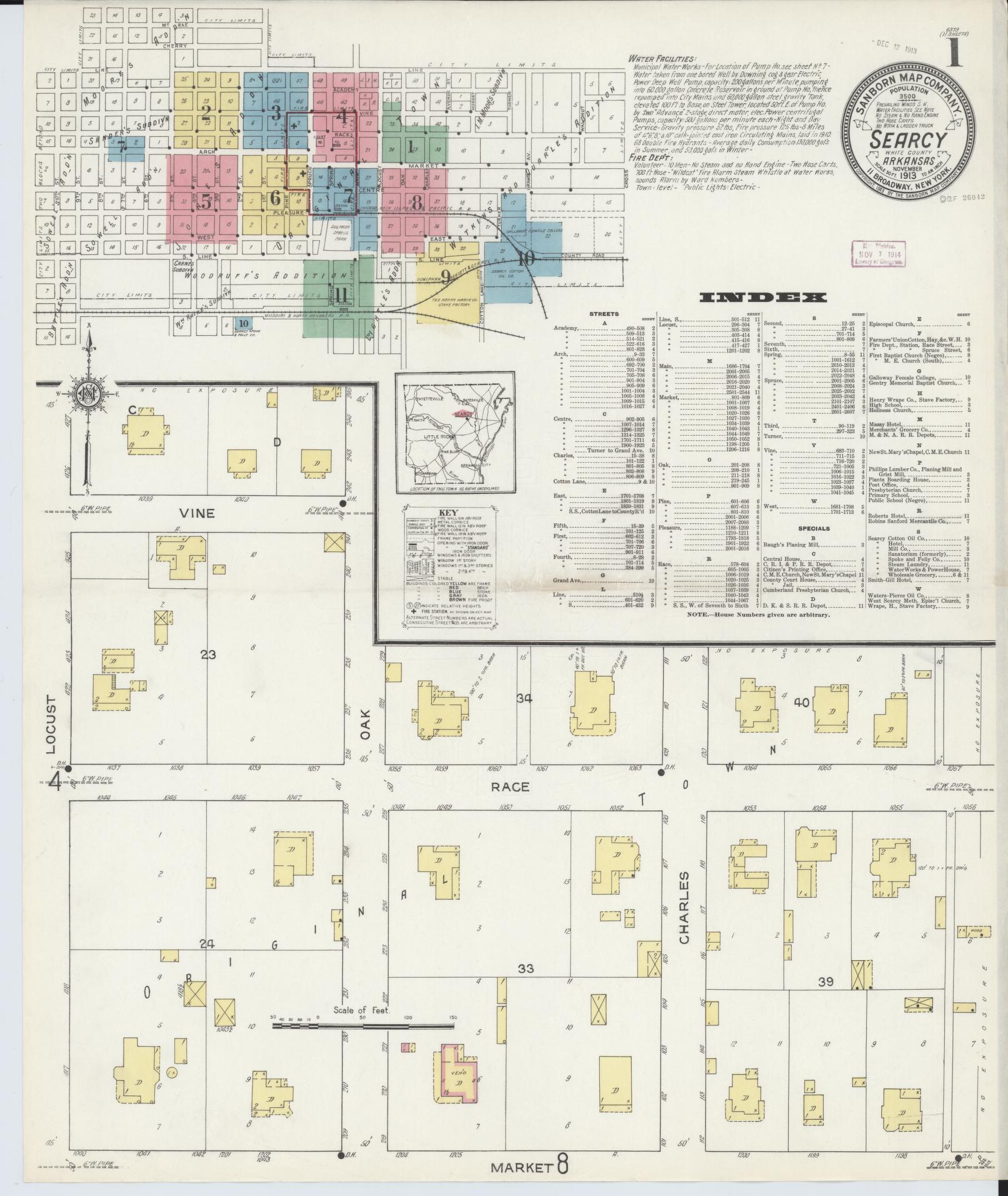 Sanborn Fire Insurance Map from Searcy, White County, Arkansas (1913), Sheet #0001 - Historic Sanborn Fire Insurance Map Print, vintage old map wall art, antique decor, genealogy gift, Arkansas Arkansas map