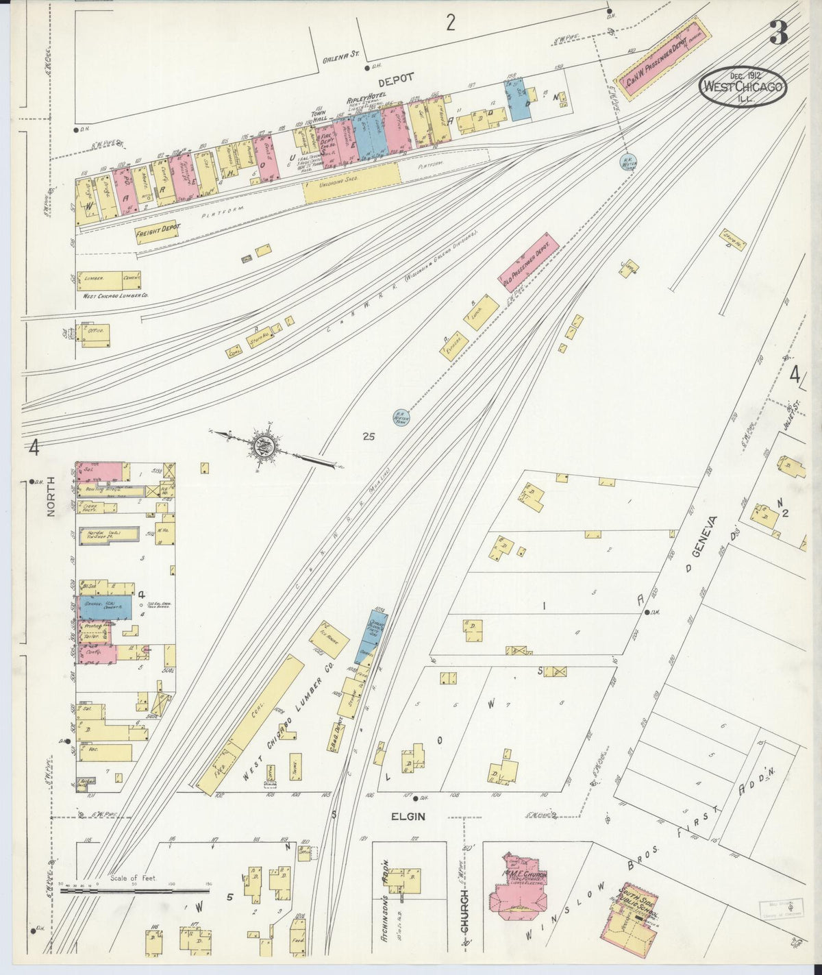Sanborn Fire Insurance Map from West Chicago, Du Page County, Illinois (1912), Sheet #0003 - Historic Sanborn Fire Insurance Map Print, vintage old map wall art, antique decor, genealogy gift, Illinois Illinois map
