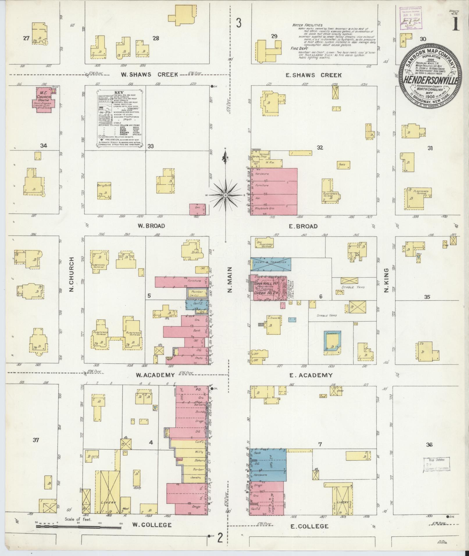 Sanborn Fire Insurance Map from Hendersonville, Henderson County, North Carolina (1908), Sheet #0001 - Historic Sanborn Fire Insurance Map Print, vintage old map wall art, antique decor, genealogy gift, North Carolina North Carolina map