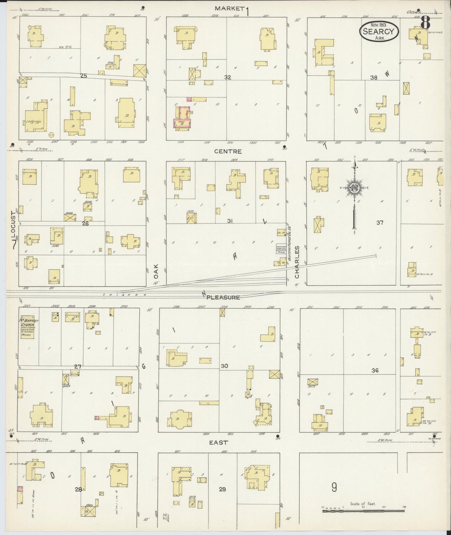 Sanborn Fire Insurance Map from Searcy, White County, Arkansas (1913), Sheet #0008 - Complete Map Set gallery image, historic Sanborn map, vintage wall art, Arkansas Arkansas