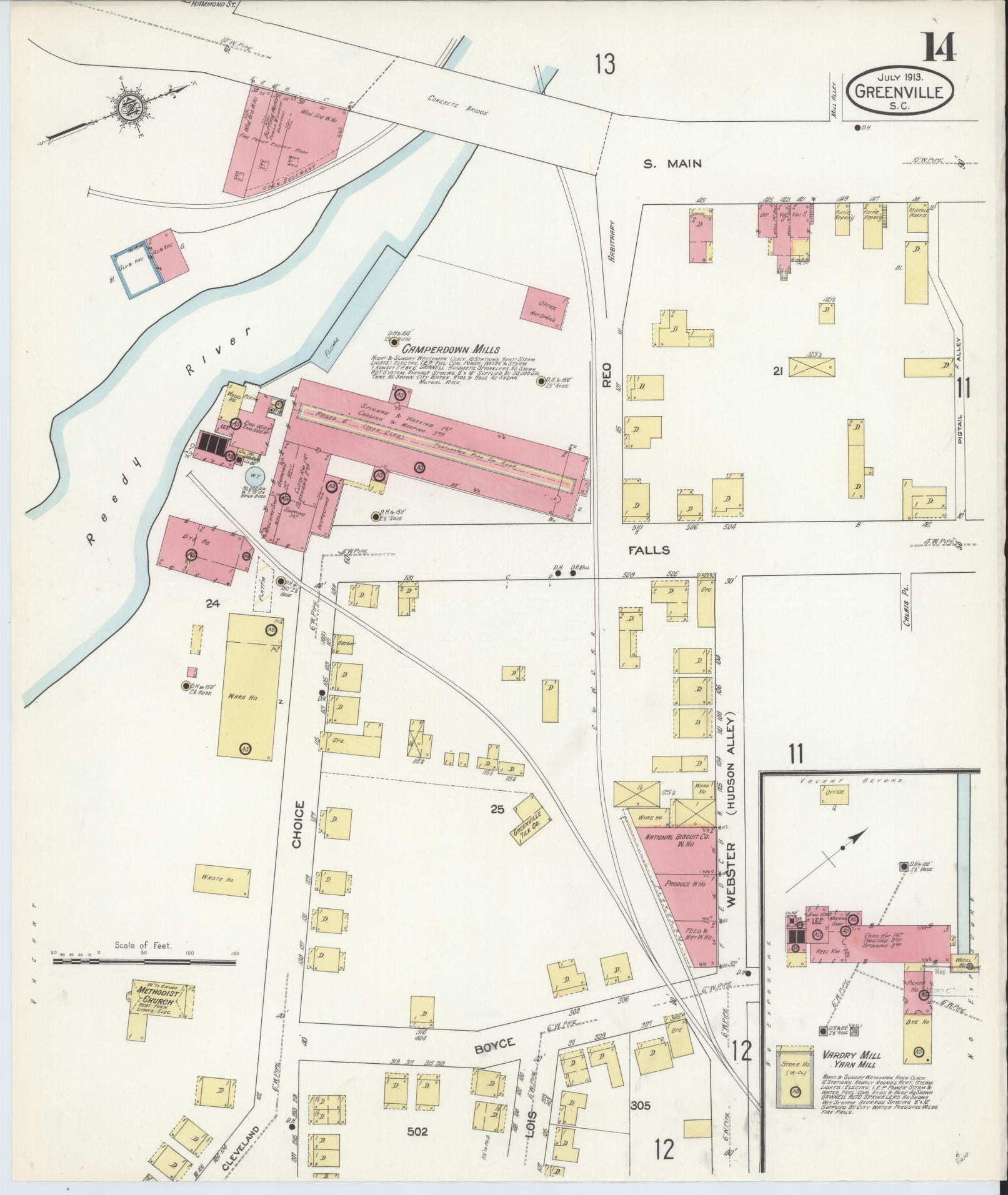 Sanborn Fire Insurance Map from Greenville, Greenville County, South Carolina (1913), Sheet #0014 - Complete Map Set gallery image, historic Sanborn map, vintage wall art, South Carolina South Carolina