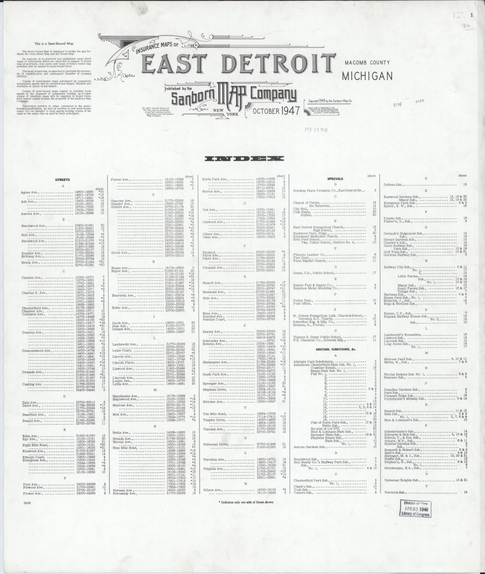 Sanborn Fire Insurance Map from East Detroit, Macomb County, Michigan (1947), Sheet #0001 - Historic Sanborn Fire Insurance Map Print, vintage old map wall art, antique decor, genealogy gift, Michigan Michigan map