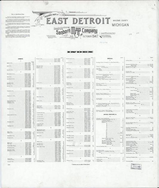 Sanborn Fire Insurance Map from East Detroit, Macomb County, Michigan (1947), Sheet #0001 - Historic Sanborn Fire Insurance Map Print, vintage old map wall art, antique decor, genealogy gift, Michigan Michigan map