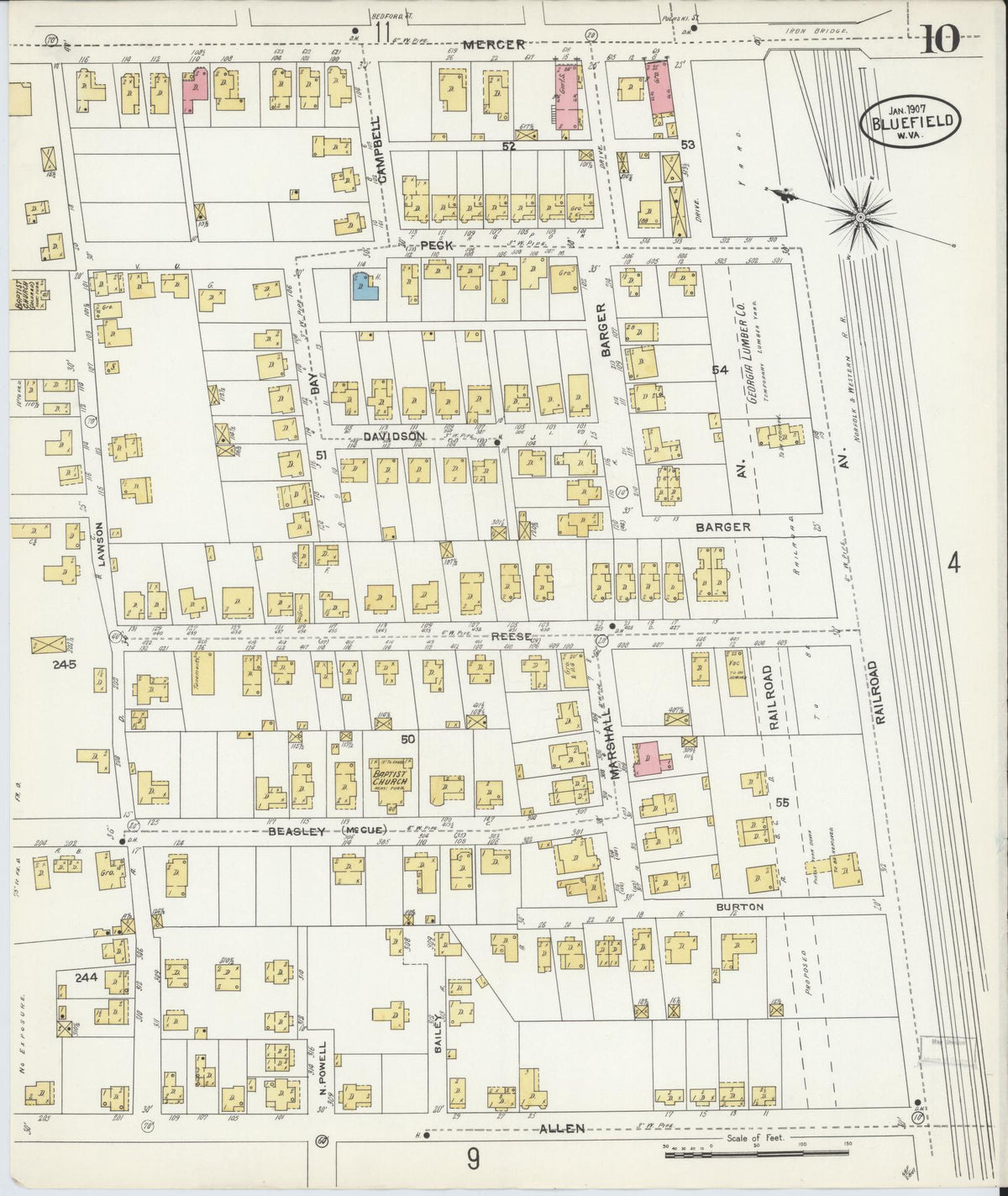 Sanborn Fire Insurance Map from Bluefield, Mercer County, West Virginia (1907), Sheet #0010 - Complete Map Set gallery image, historic Sanborn map, vintage wall art, West Virginia West Virginia