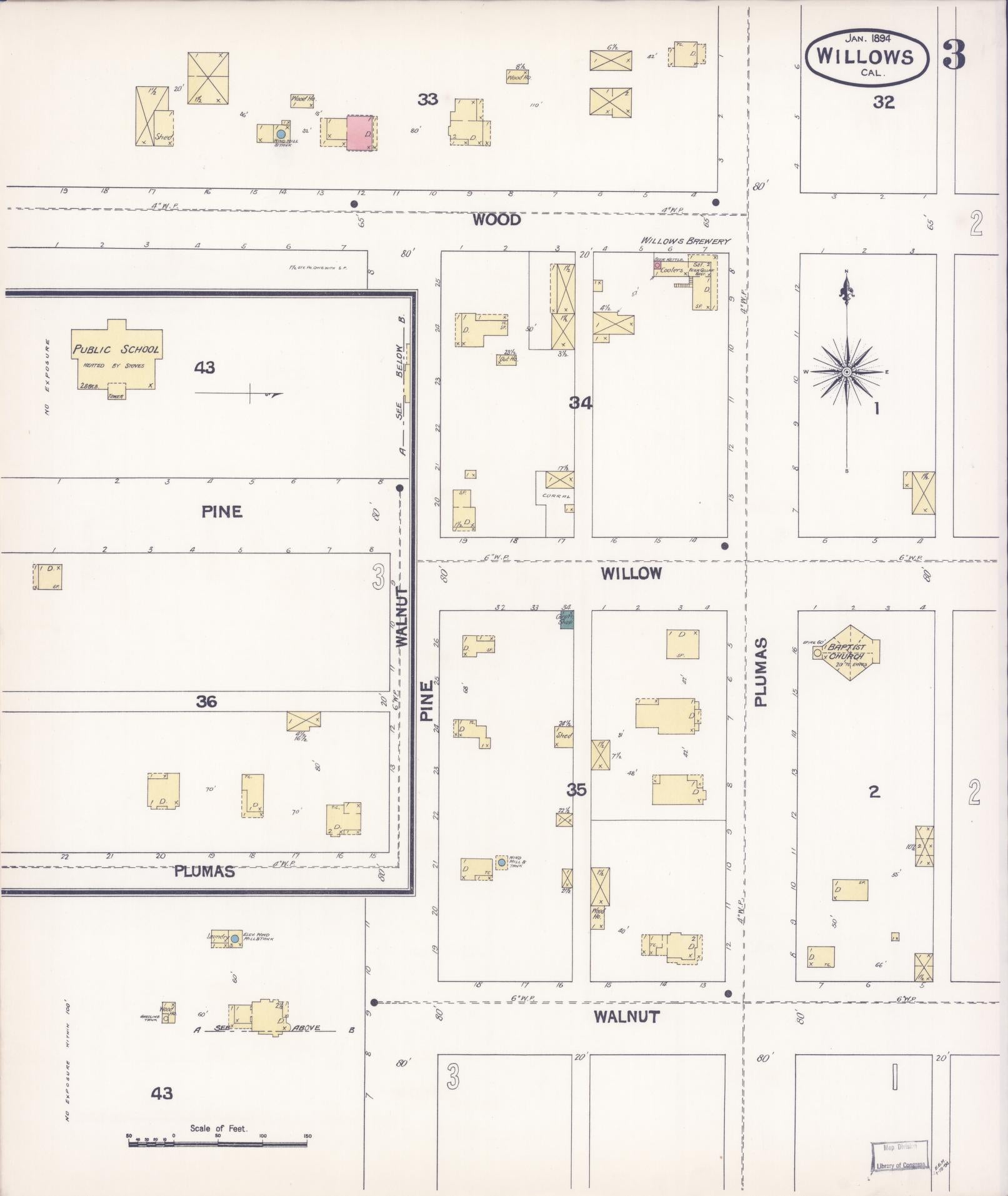Sanborn Fire Insurance Map from Willows, Glenn County, California (1894), Sheet #0003 - Complete Map Set gallery image, historic Sanborn map, vintage wall art, California California