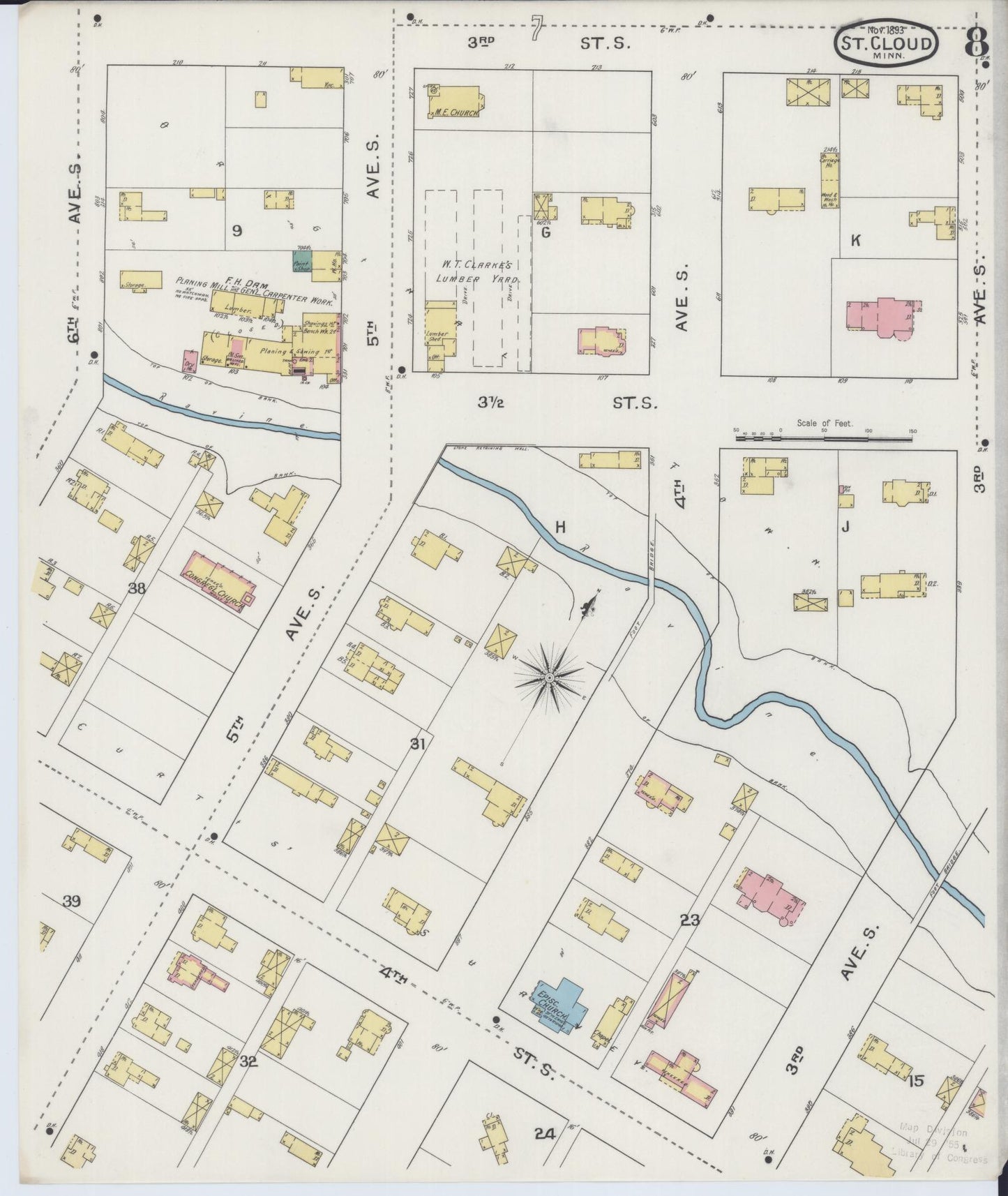Sanborn Fire Insurance Map from Saint Cloud, Stearns, Benton, and Sherburne Counties, Minnesota (1893), Sheet #0008 - Complete Map Set gallery image, historic Sanborn map, vintage wall art, Minnesota Minnesota