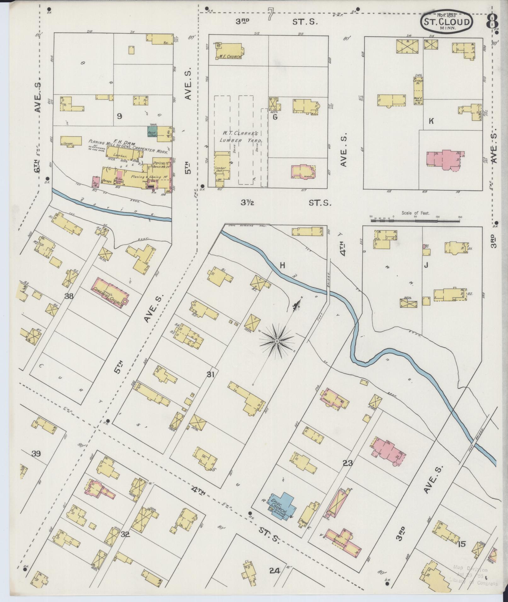 Sanborn Fire Insurance Map from Saint Cloud, Stearns, Benton, and Sherburne Counties, Minnesota (1893), Sheet #0008 - Complete Map Set gallery image, historic Sanborn map, vintage wall art, Minnesota Minnesota