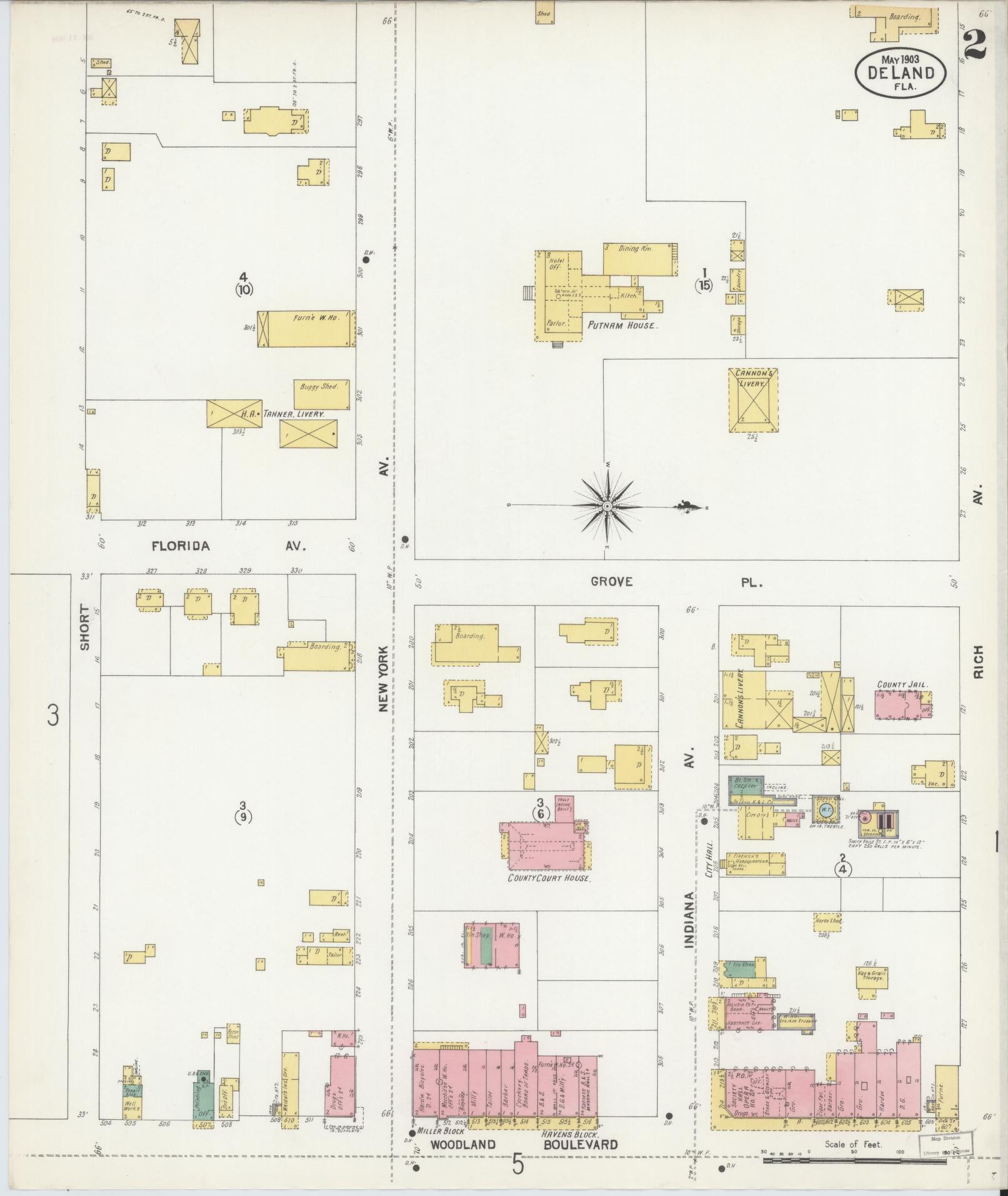 Sanborn Fire Insurance Map from De Land, Volusia County, Florida (1903), Sheet #0002 - Historic Sanborn Fire Insurance Map Print, vintage old map wall art, antique decor, genealogy gift, Florida Florida map