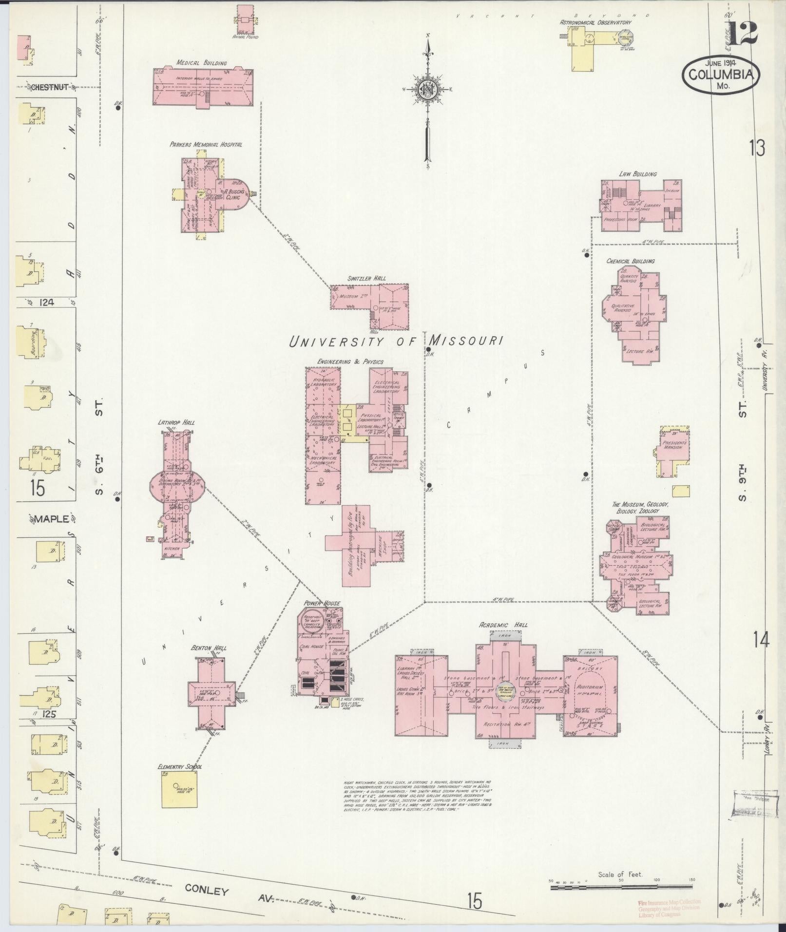 Sanborn Fire Insurance Map from Columbia, Boone County, Missouri (1914), Sheet #0012 - Historic Sanborn Fire Insurance Map Print, vintage old map wall art, antique decor, genealogy gift, Missouri Missouri map