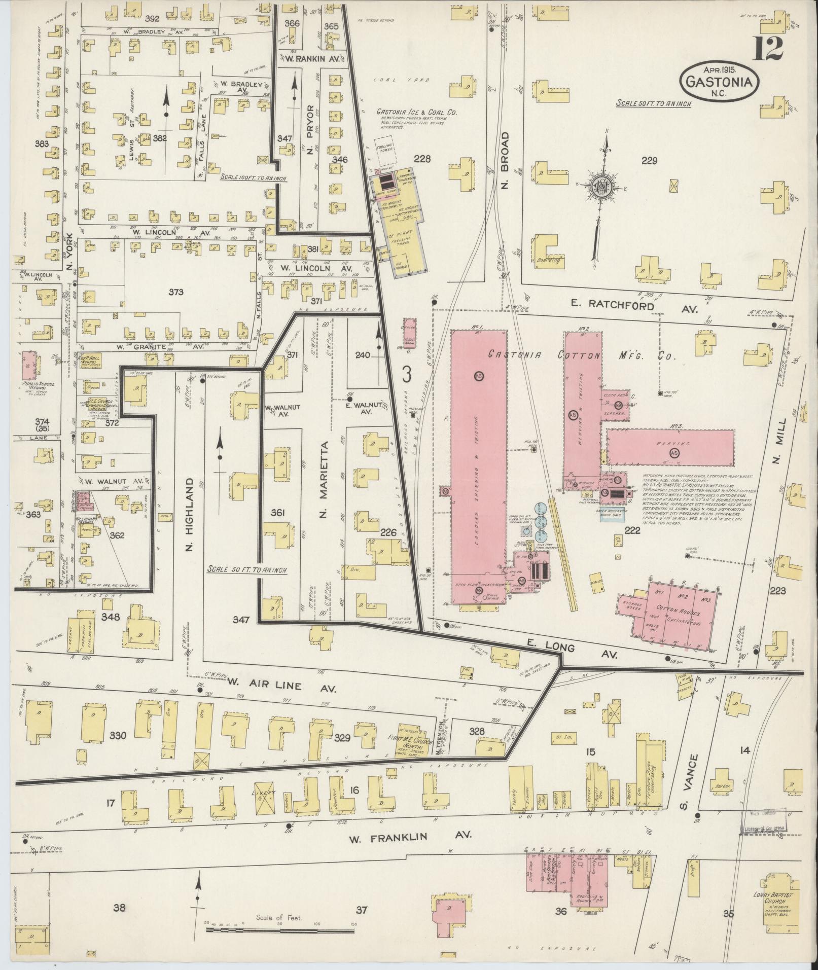 Sanborn Fire Insurance Map from Gastonia, Gaston County, North Carolina (1915), Sheet #0012 - Complete Map Set gallery image, historic Sanborn map, vintage wall art, North Carolina North Carolina