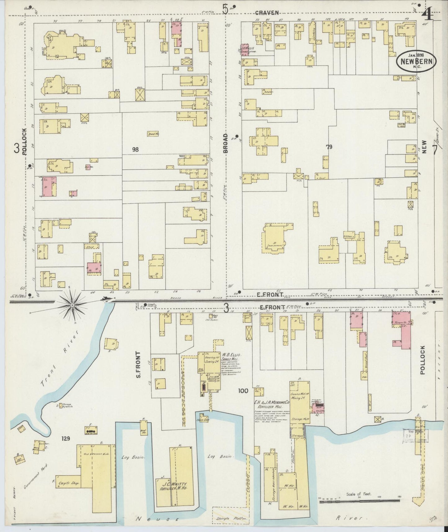 Sanborn Fire Insurance Map from New Bern, Craven County, North Carolina (1898), Sheet #0004 - Complete Map Set gallery image, historic Sanborn map, vintage wall art, North Carolina North Carolina