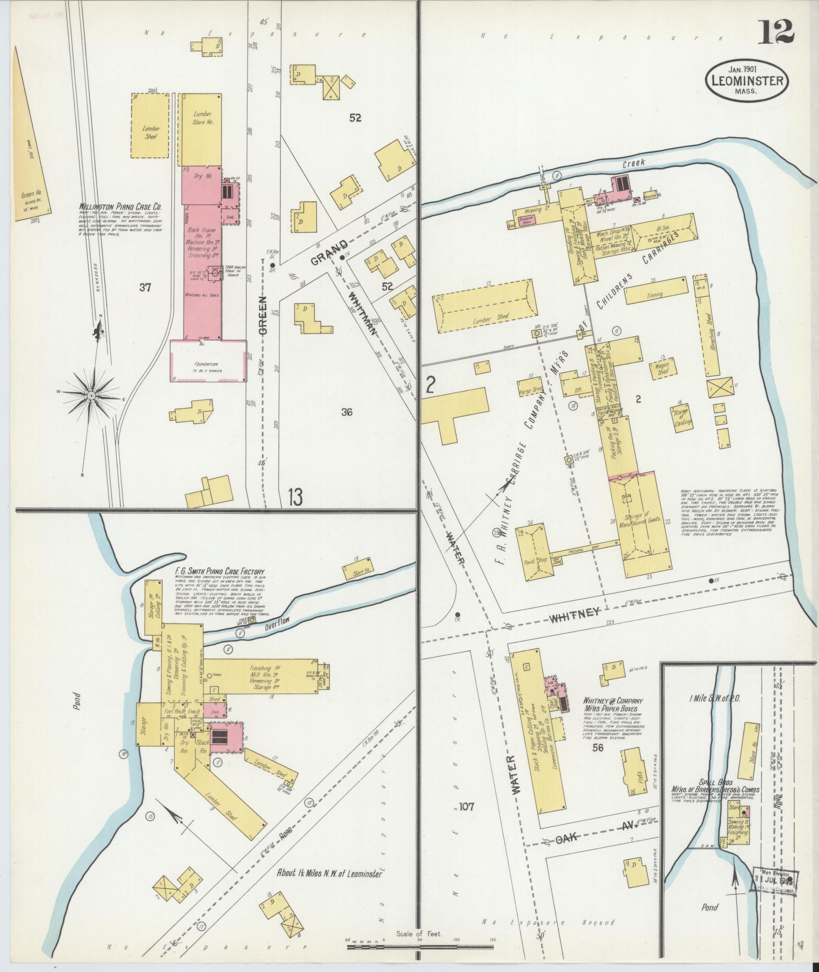 Sanborn Fire Insurance Map from Leominster, Worcester County, Massachusetts (1901), Sheet #0012 - Complete Map Set gallery image, historic Sanborn map, vintage wall art, Massachusetts Massachusetts