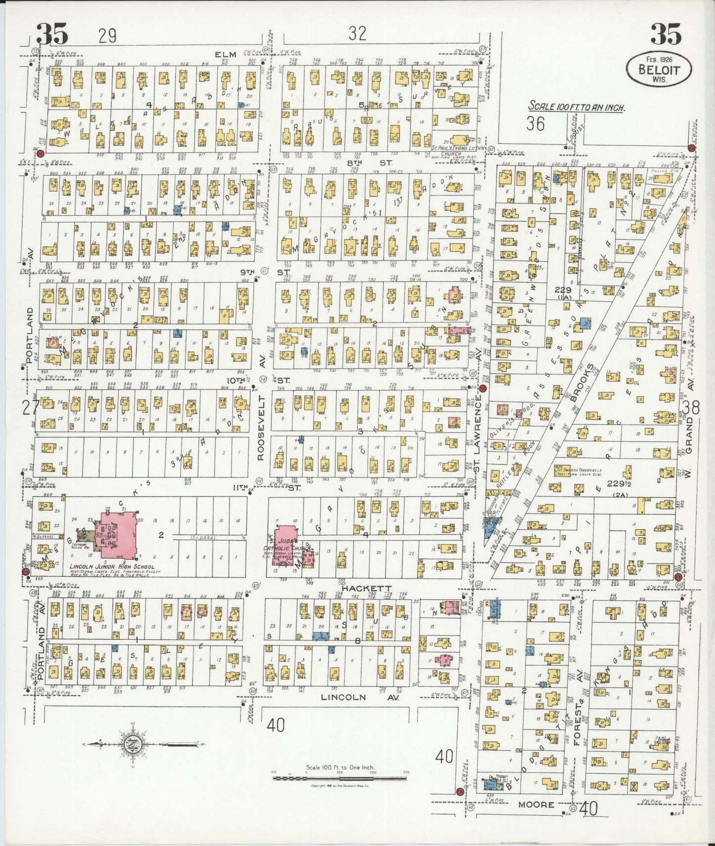 Sanborn Fire Insurance Map from Beloit, Rock County, Wisconsin (1926), Sheet #0035 - Historic Sanborn Fire Insurance Map Print, vintage old map wall art, antique decor, genealogy gift, Wisconsin Wisconsin map