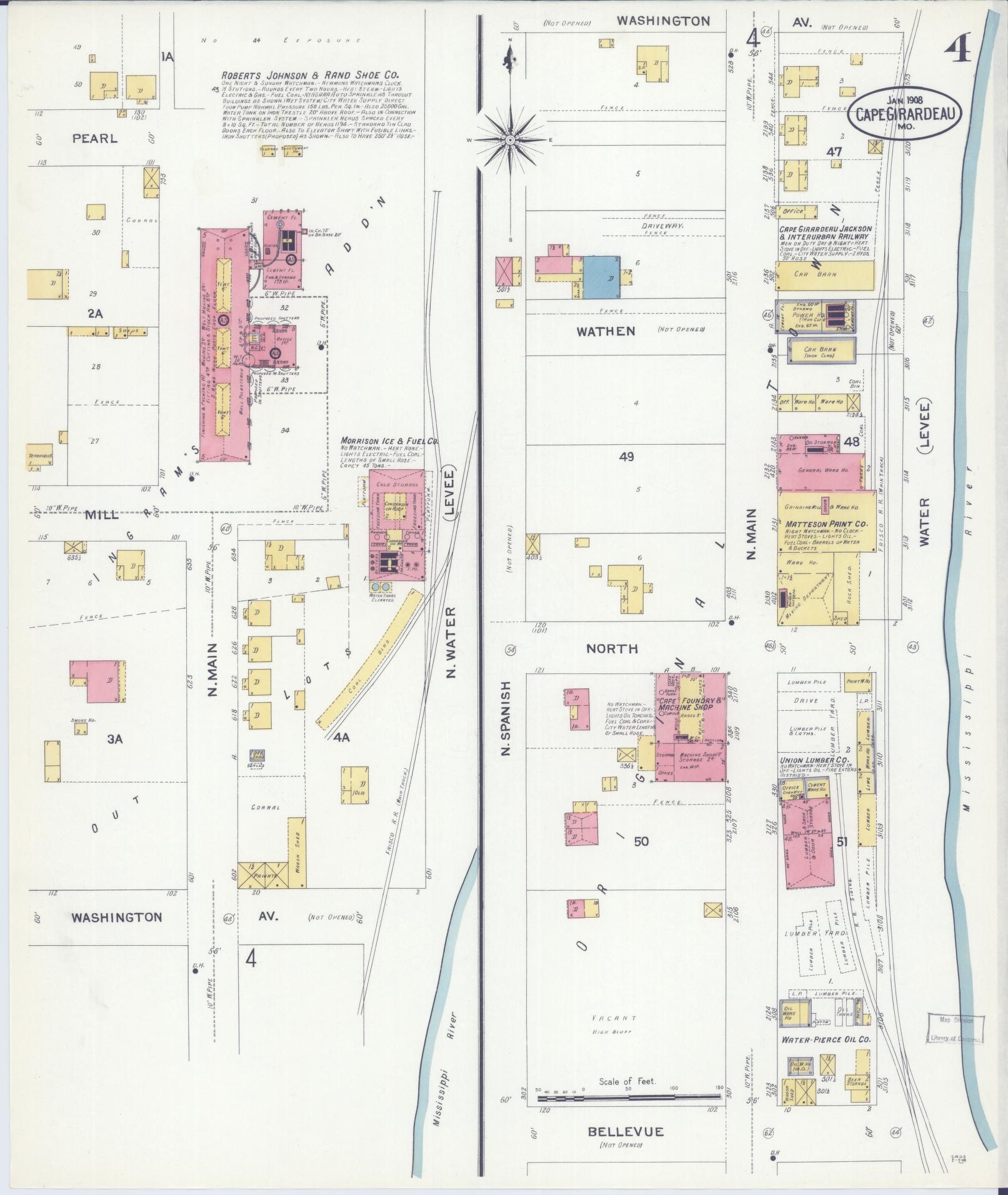 Sanborn Fire Insurance Map from Cape Girardeau, Cape Girardeau County, Missouri (1908), Sheet #0004 - Historic Sanborn Fire Insurance Map Print, vintage old map wall art, antique decor, genealogy gift, Missouri Missouri map
