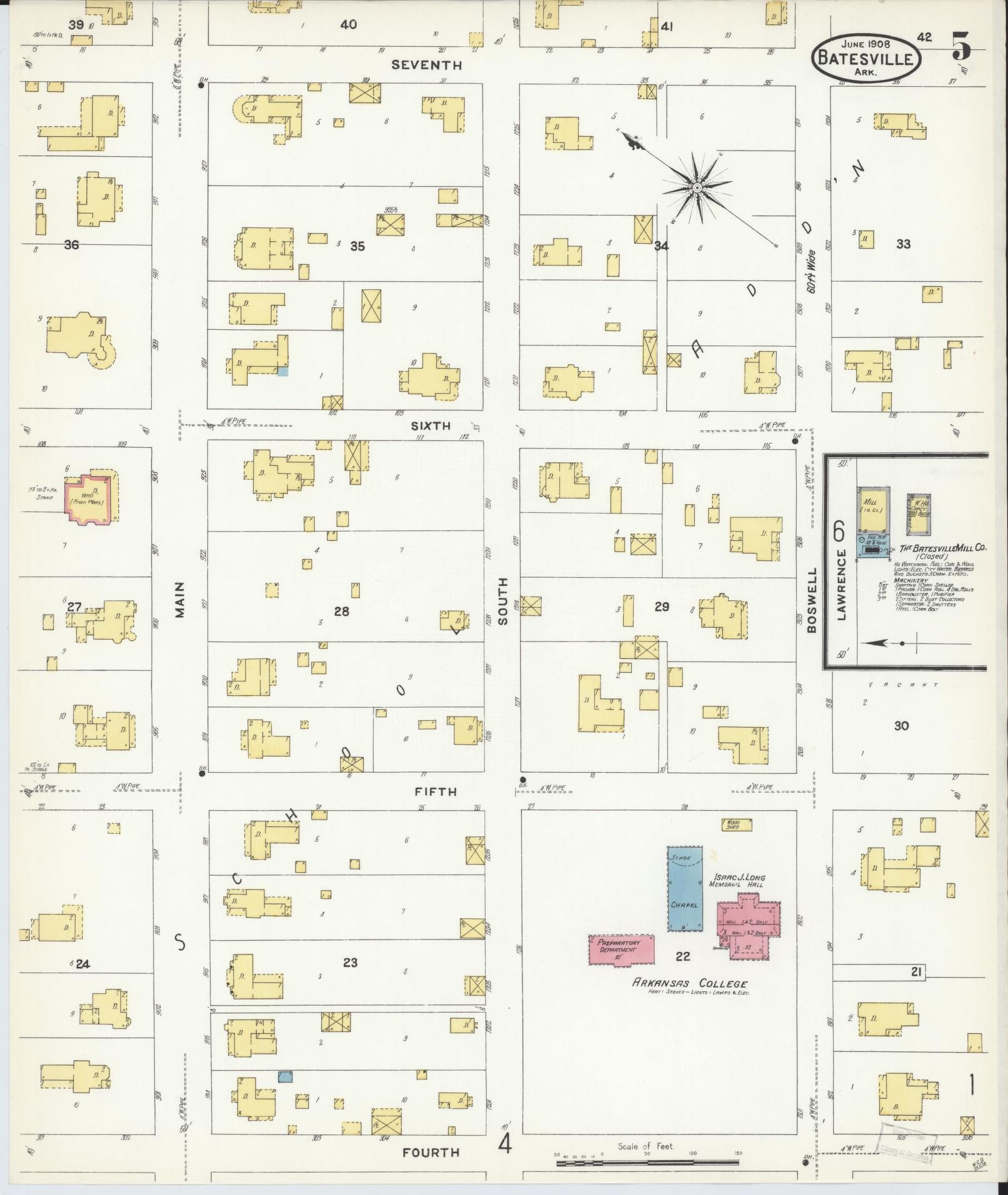 Sanborn Fire Insurance Map from Batesville, Independence County, Arkansas (1908), Sheet #0005 - Historic Sanborn Fire Insurance Map Print, vintage old map wall art, antique decor, genealogy gift, Arkansas Arkansas map