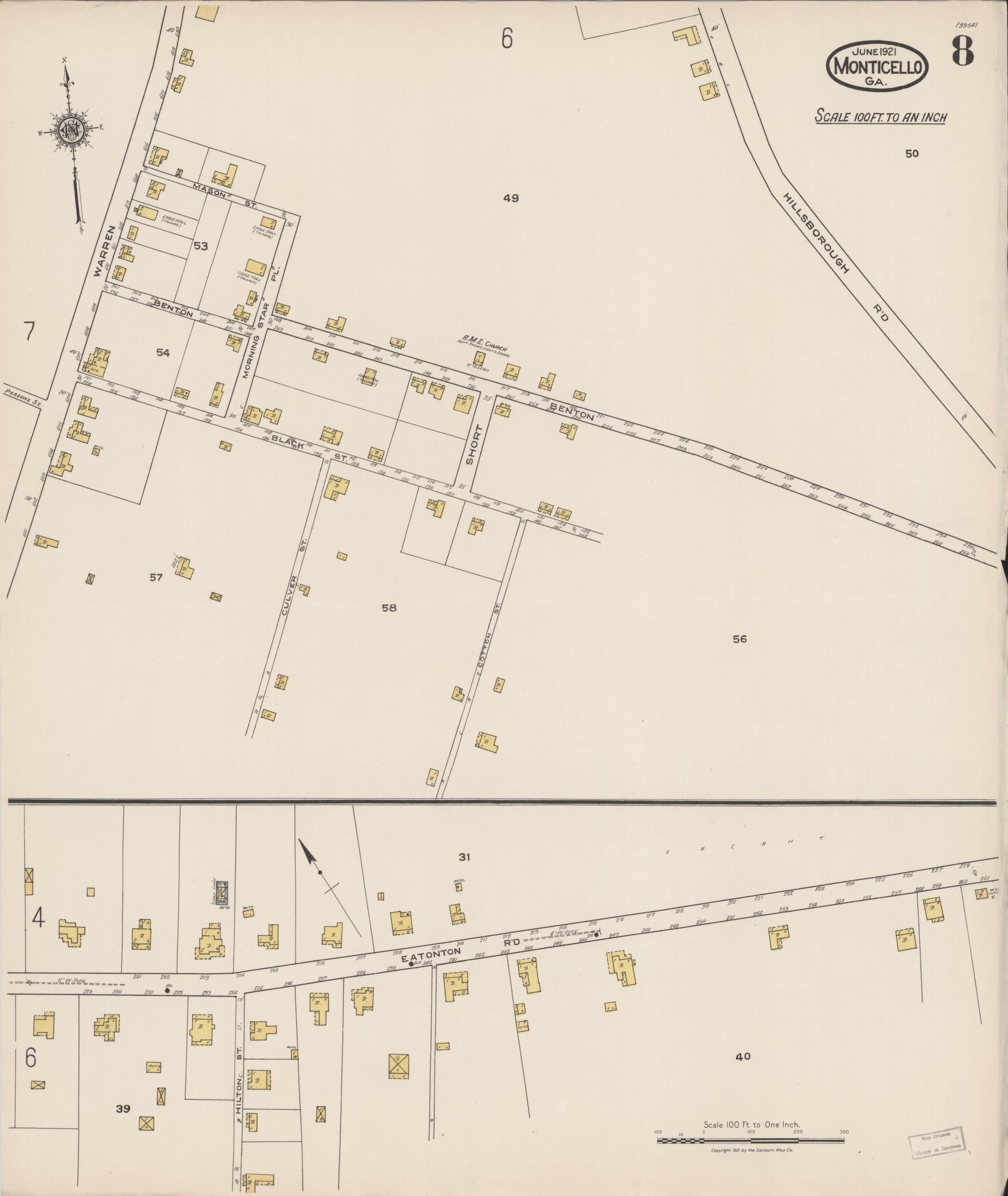 Sanborn Fire Insurance Map from Monticello, Jasper County, Georgia (1921), Sheet #0008 - Complete Map Set gallery image, historic Sanborn map, vintage wall art, Georgia Georgia