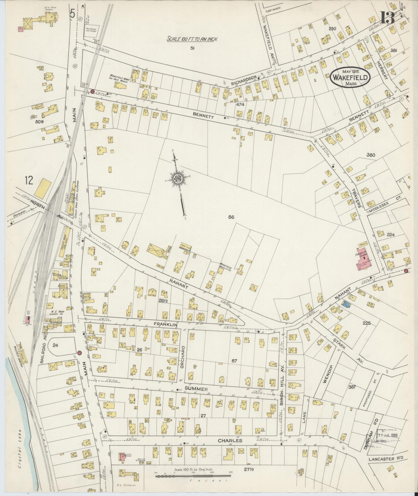 Sanborn Fire Insurance Map from Wakefield, Middlesex County, Massachusetts (1915), Sheet #0013 - Complete Map Set gallery image, historic Sanborn map, vintage wall art, Massachusetts Massachusetts