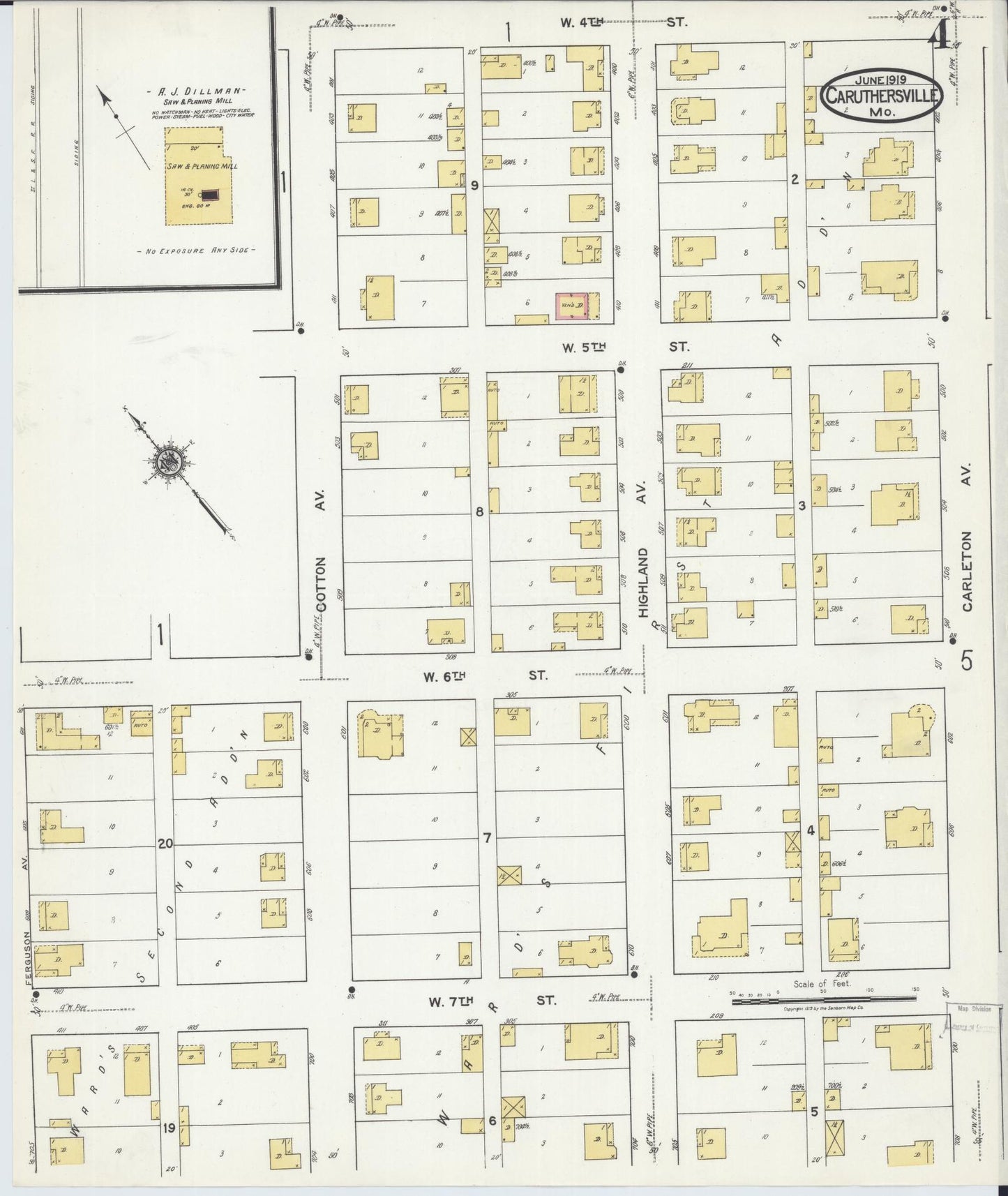 Sanborn Fire Insurance Map from Caruthersville, Pemiscot County, Missouri (1919), Sheet #0004 - Historic Sanborn Fire Insurance Map Print, vintage old map wall art, antique decor, genealogy gift, Missouri Missouri map