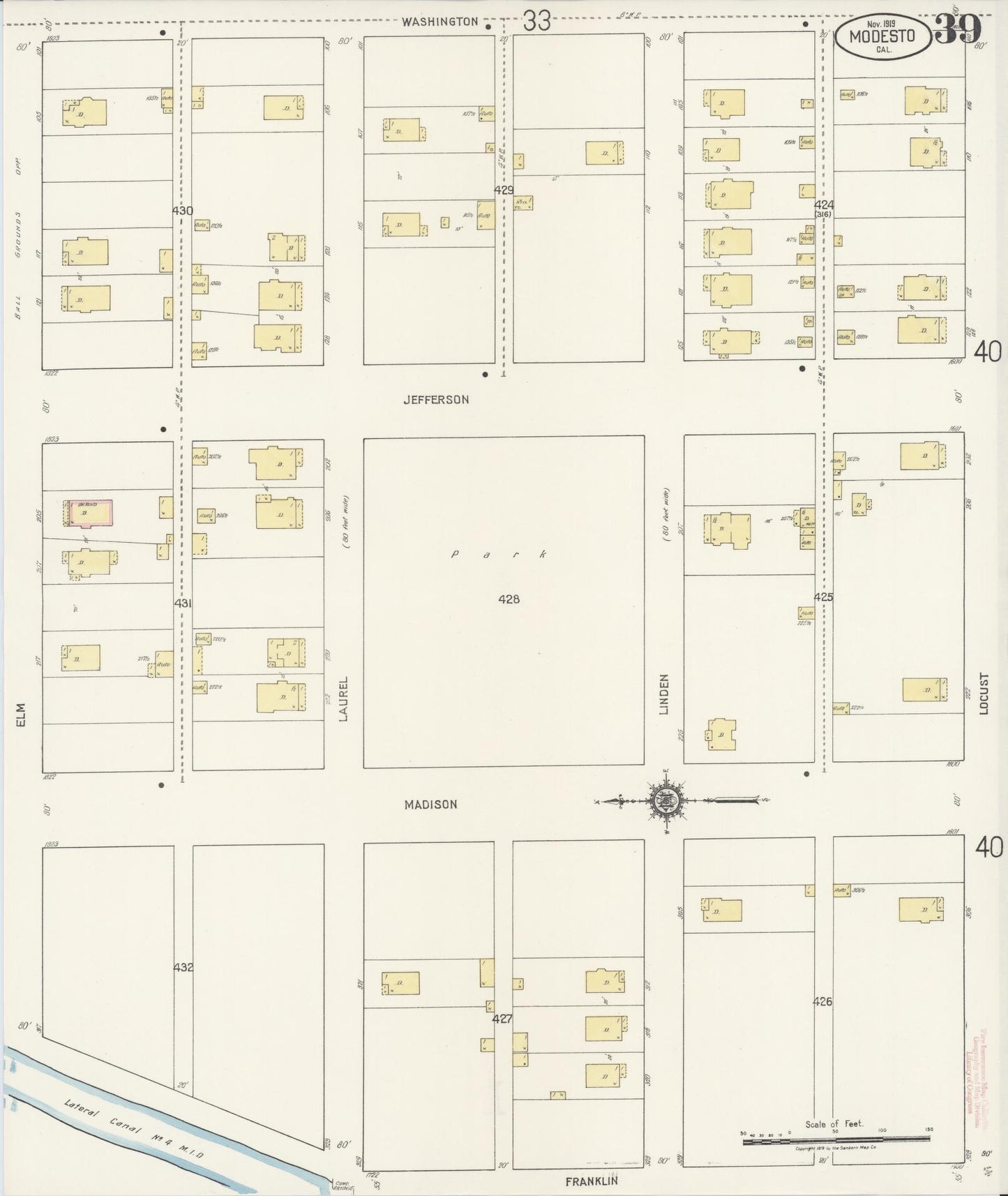 Sanborn Fire Insurance Map from Modesto, Stanislaus County, California (1919), Sheet #0039 - Historic Sanborn Fire Insurance Map Print, vintage old map wall art, antique decor, genealogy gift, California California map