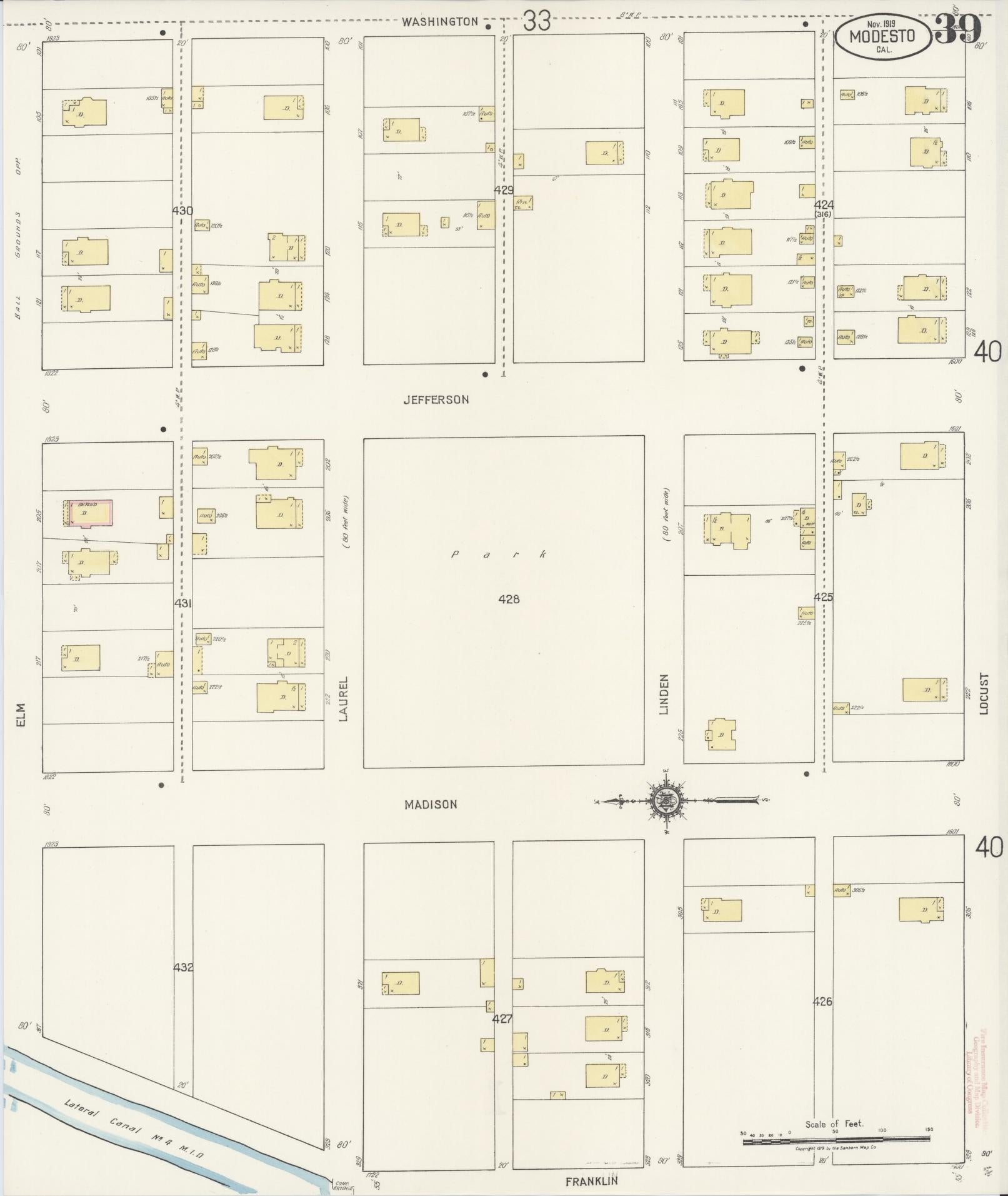 Sanborn Fire Insurance Map from Modesto, Stanislaus County, California (1919), Sheet #0039 - Historic Sanborn Fire Insurance Map Print, vintage old map wall art, antique decor, genealogy gift, California California map