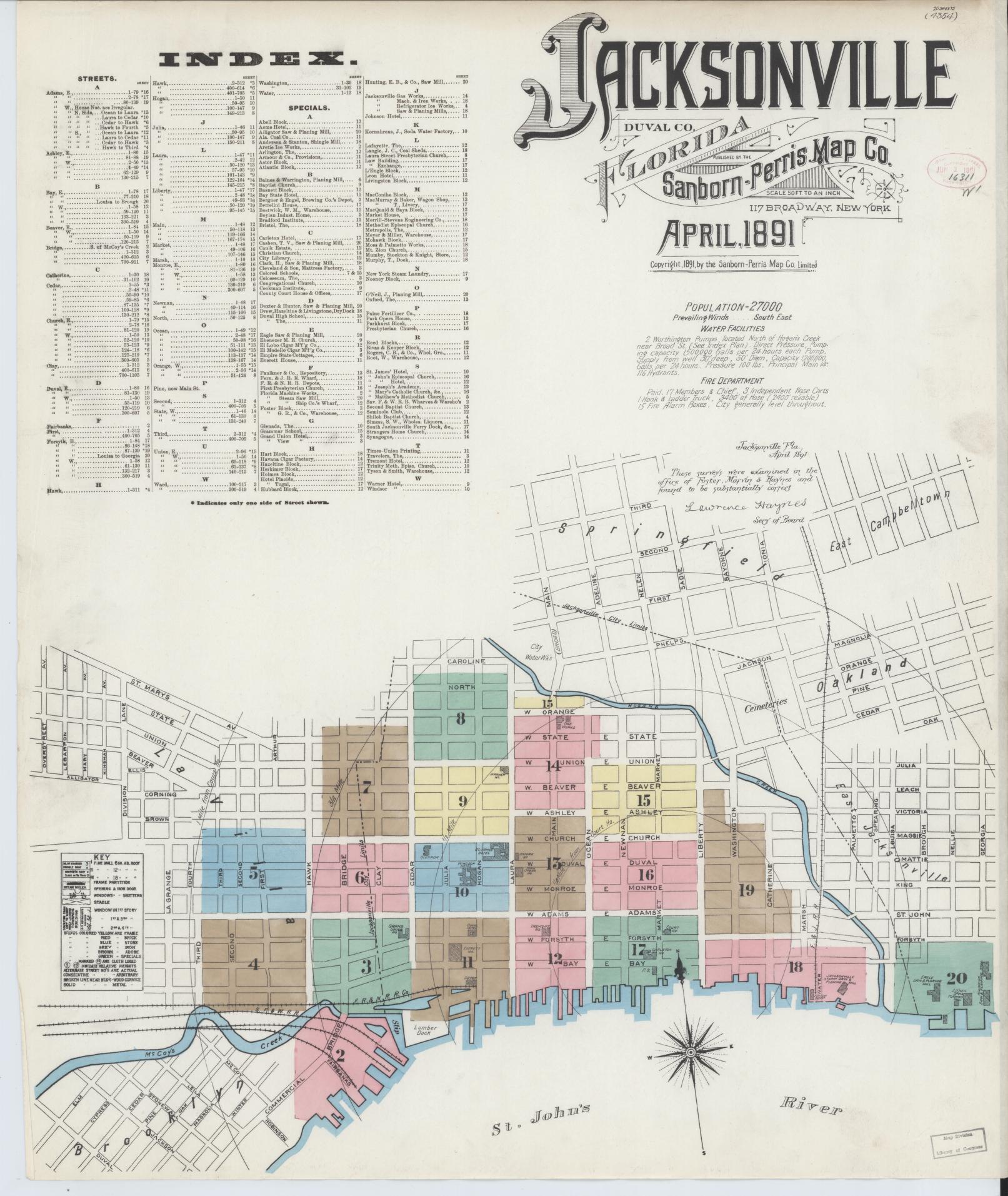 Sanborn Fire Insurance Map from Jacksonville, Duval County, Florida (1891), Sheet #0001 - Complete Map Set gallery image, historic Sanborn map, vintage wall art, Florida Florida