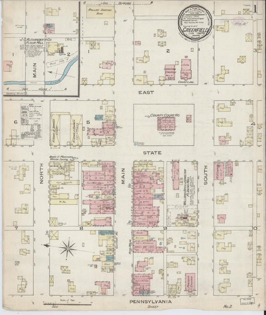Sanborn Fire Insurance Map from Greenfield, Hancock County, Indiana (1886), Sheet #0001 - Historic Sanborn Fire Insurance Map Print, vintage old map wall art, antique decor, genealogy gift, Indiana Indiana map