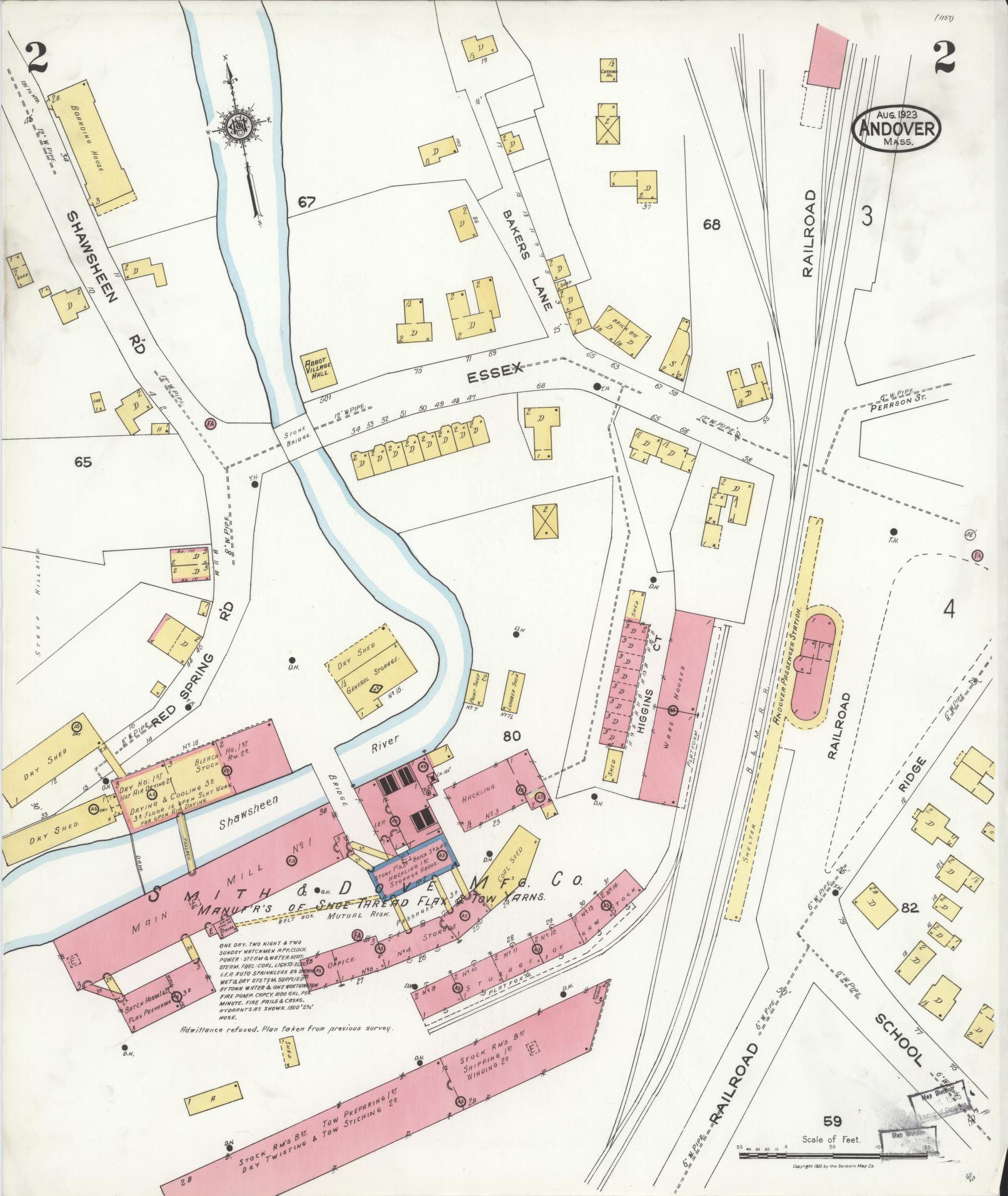 Sanborn Fire Insurance Map from Andover, Essex County, Massachusetts (1923), Sheet #0002 - Historic Sanborn Fire Insurance Map Print, vintage old map wall art, antique decor, genealogy gift, Massachusetts Massachusetts map