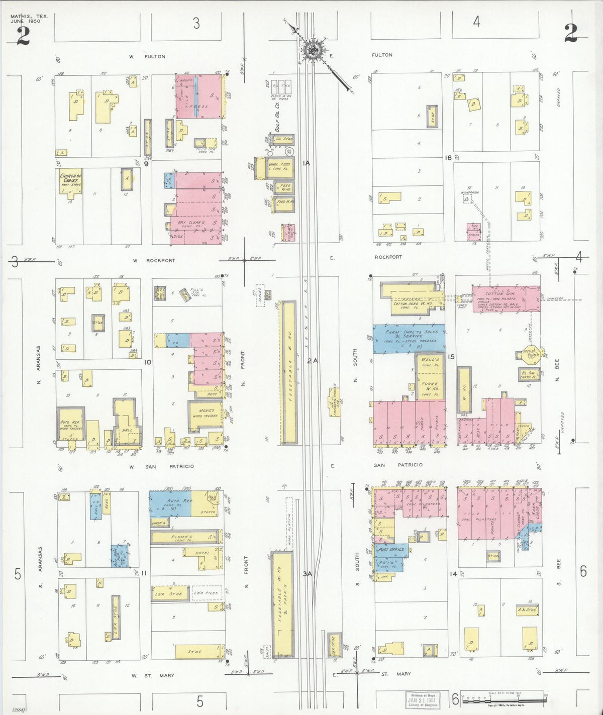 Sanborn Fire Insurance Map from Mathis, San Patricio County, Texas (1950), Sheet #0002 - Historic Sanborn Fire Insurance Map Print, vintage old map wall art, antique decor, genealogy gift, Texas Texas map