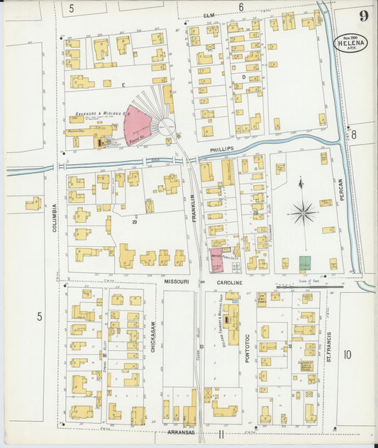 Sanborn Fire Insurance Map from Helena, Phillips County, Arkansas (1900), Sheet #0009 - Historic Sanborn Fire Insurance Map Print, vintage old map wall art, antique decor, genealogy gift, Arkansas Arkansas map