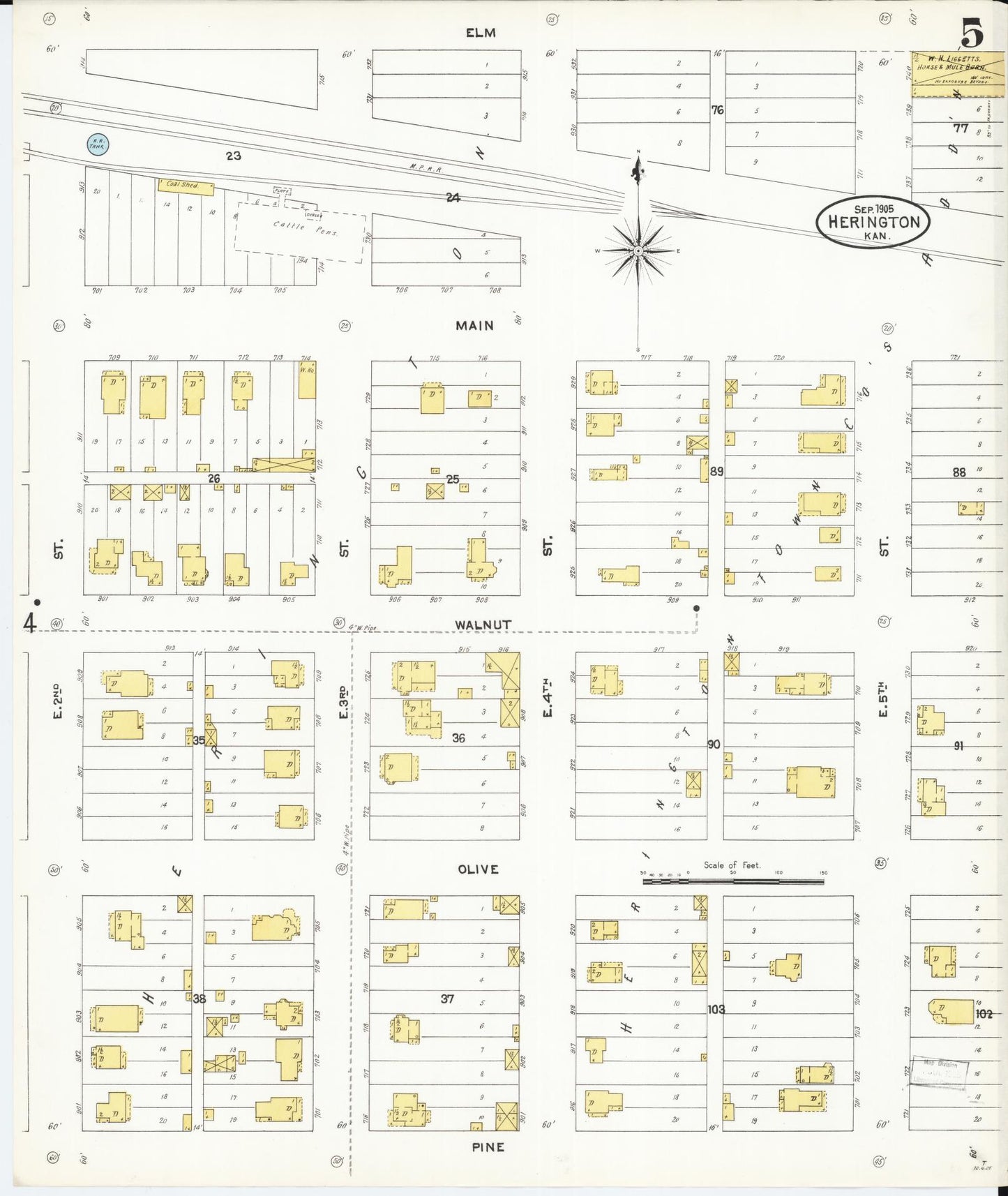 Sanborn Fire Insurance Map from Herington, Dickinson County, Kansas (1905), Sheet #0005 - Complete Map Set gallery image, historic Sanborn map, vintage wall art, Kansas Kansas