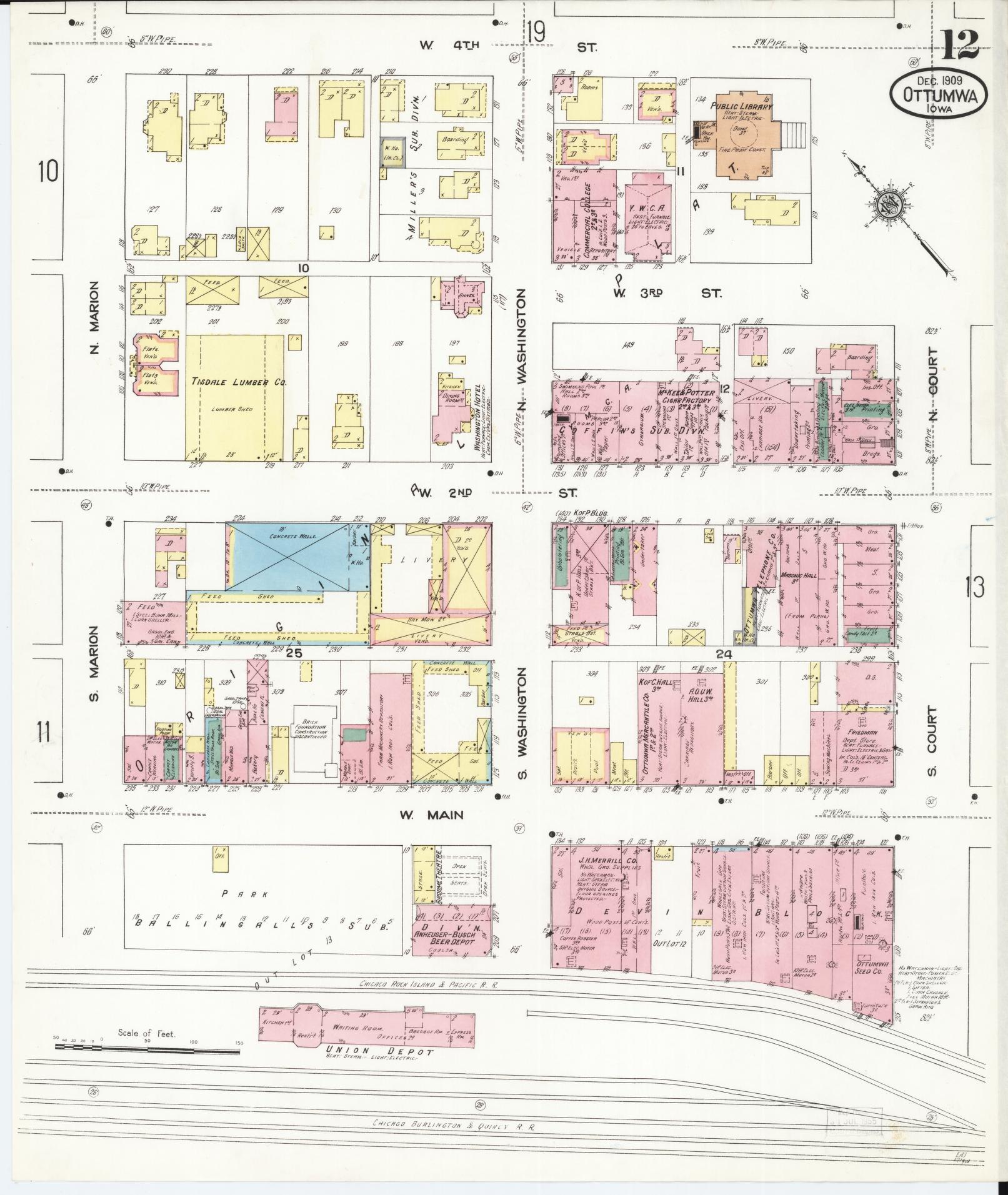 Sanborn Fire Insurance Map from Ottumwa, Wapello County, Iowa (1909), Sheet #0012 - Historic Sanborn Fire Insurance Map Print, vintage old map wall art