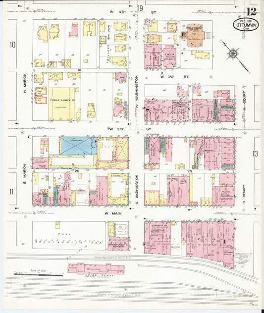 Sanborn Fire Insurance Map from Ottumwa, Wapello County, Iowa (1909), Sheet #0012 - Historic Sanborn Fire Insurance Map Print, vintage old map wall art