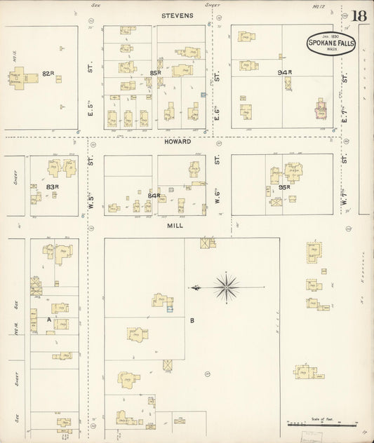 Sanborn Fire Insurance Map from Spokane, Spokane County, Washington (1890), Sheet #0018 - Historic Sanborn Fire Insurance Map Print, vintage old map wall art, antique decor, genealogy gift, Washington Washington map