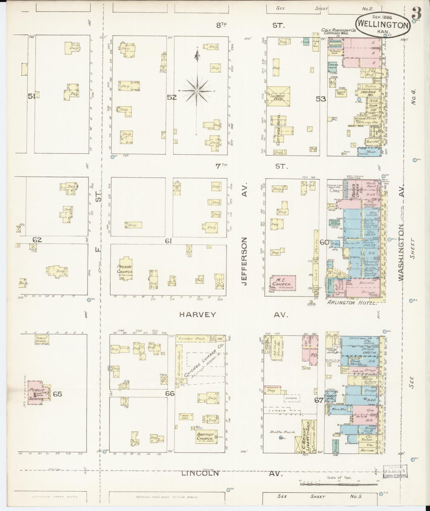 Sanborn Fire Insurance Map from Wellington, Sumner County, Kansas (1886), Sheet #0003 - Historic Sanborn Fire Insurance Map Print, vintage old map wall art, antique decor, genealogy gift, Kansas Kansas map