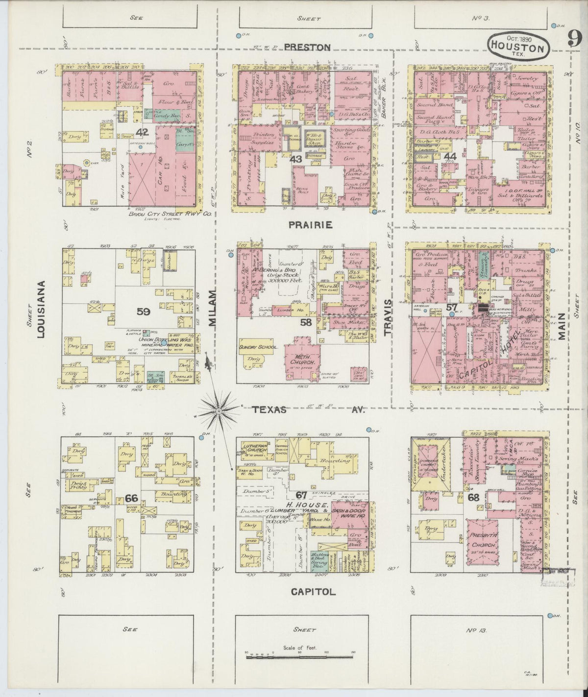 Sanborn Fire Insurance Map from Houston, Harris County, Texas (1890), Sheet #0009 - Historic Sanborn Fire Insurance Map Print, vintage old map wall art, antique decor, genealogy gift, Texas Texas map