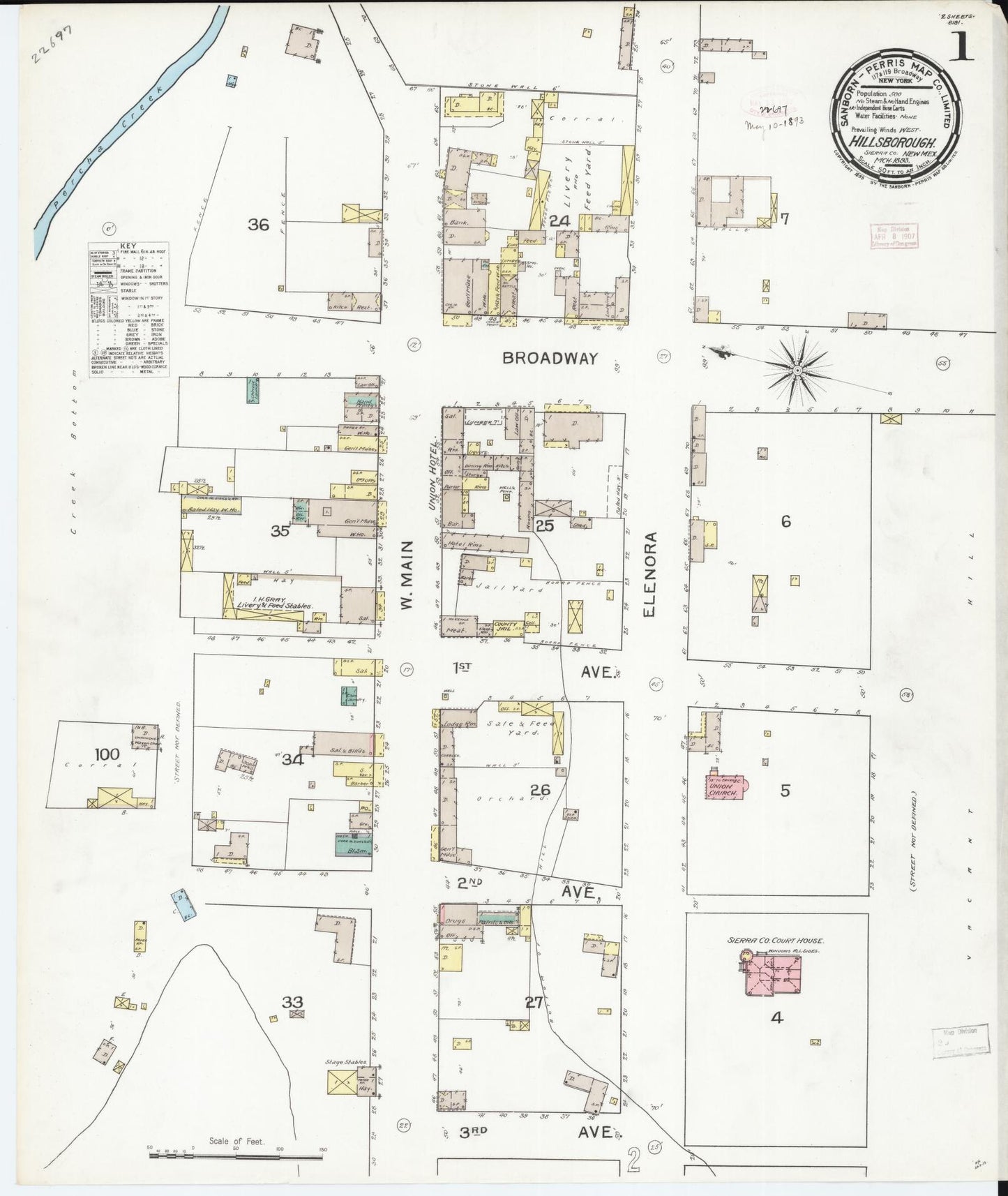 Sanborn Fire Insurance Map from Hillsboro, Sierra County, New Mexico (1893), Sheet #0001 - Historic Sanborn Fire Insurance Map Print, vintage old map wall art, antique decor, genealogy gift, New Mexico New Mexico map