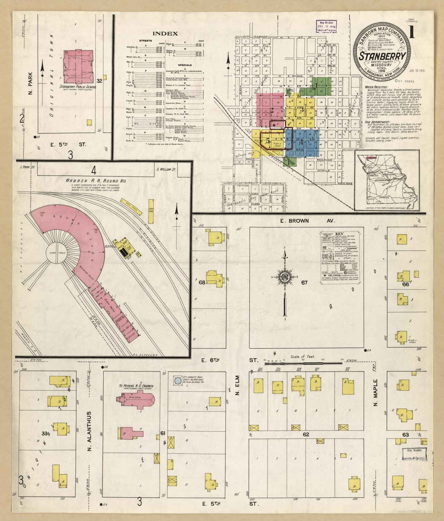 Sanborn Fire Insurance Map from Stanberry, Gentry County, Missouri (1916), Sheet #0001 - Historic Sanborn Fire Insurance Map Print, vintage old map wall art, antique decor, genealogy gift, Missouri Missouri map