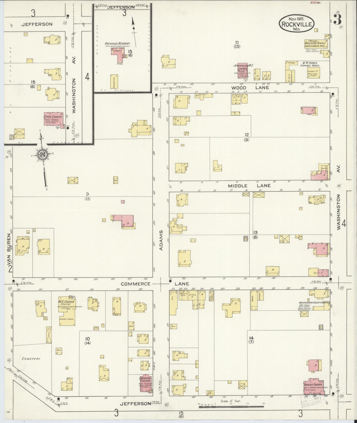 Sanborn Fire Insurance Map from Rockville, Montgomery County, Maryland (1915), Sheet #0003 - Historic Sanborn Fire Insurance Map Print, vintage old map wall art, antique decor, genealogy gift, Maryland Maryland map