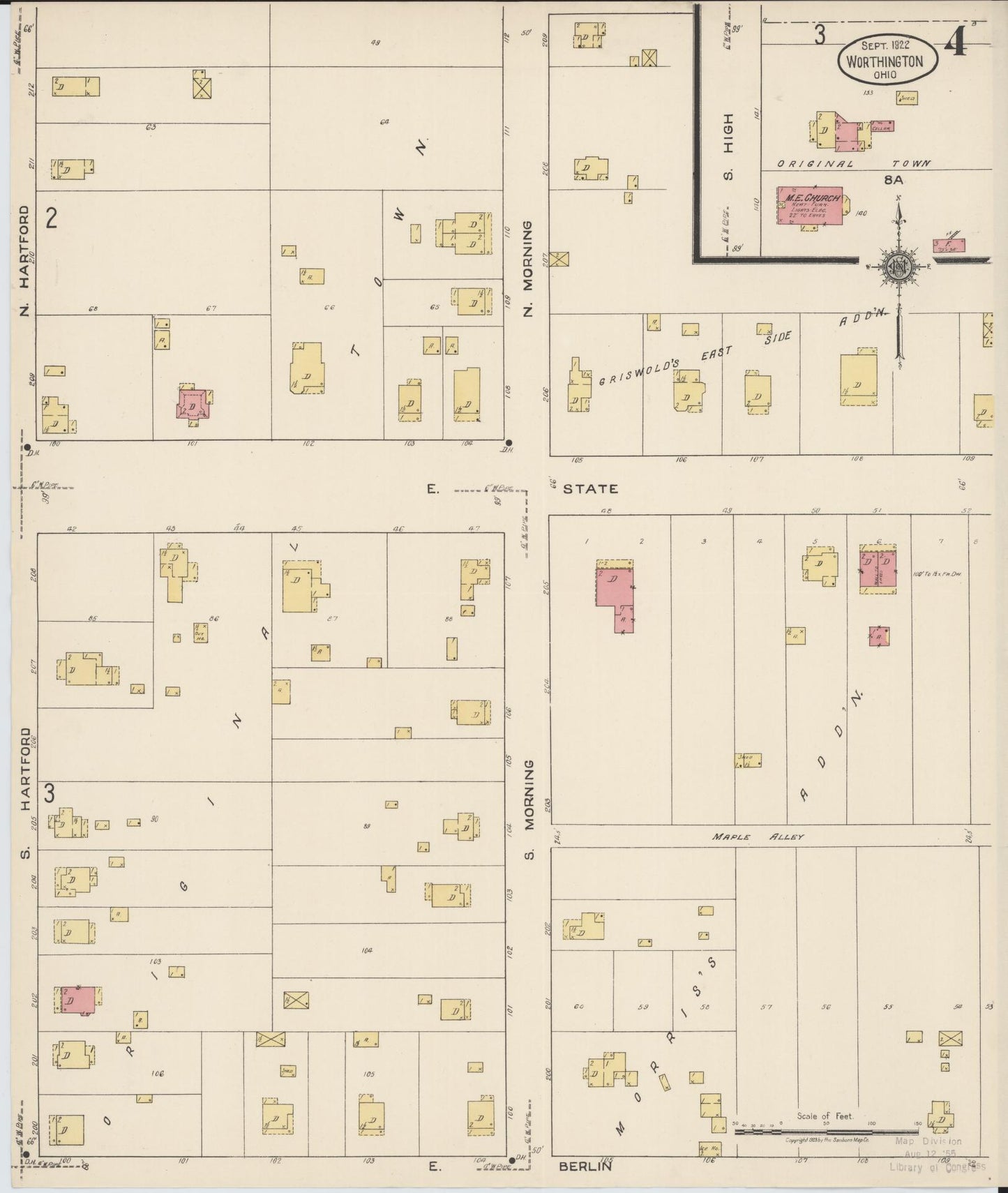 Sanborn Fire Insurance Map from Worthington, Franklin County, Ohio (1922), Sheet #0004 - Historic Sanborn Fire Insurance Map Print, vintage old map wall art, antique decor, genealogy gift, Ohio Ohio map