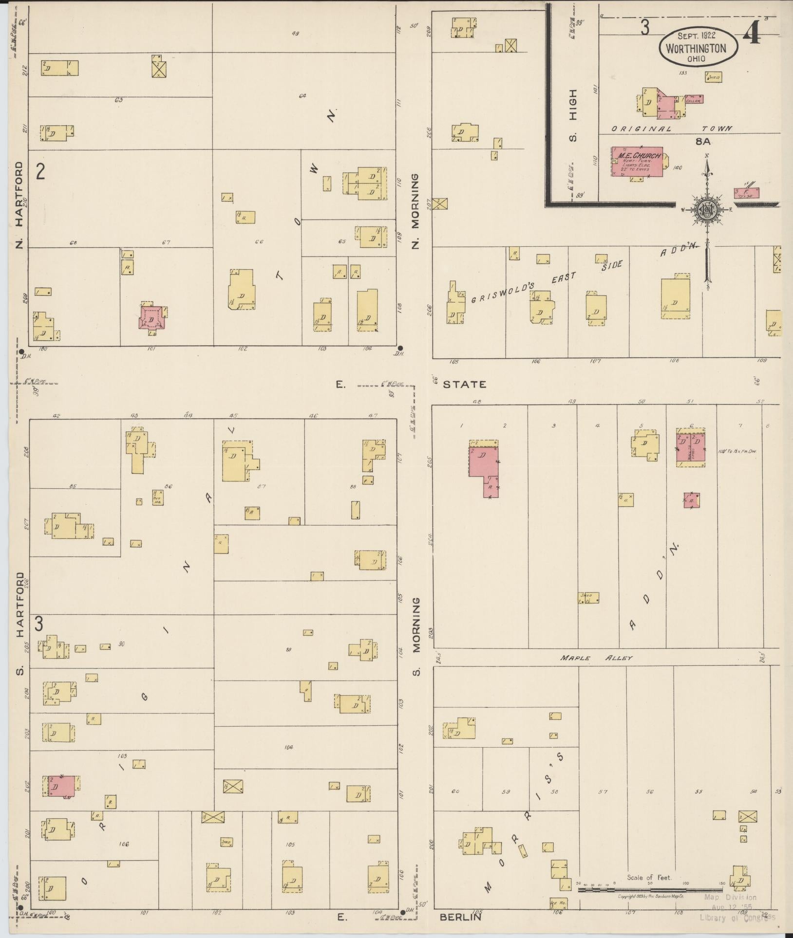 Sanborn Fire Insurance Map from Worthington, Franklin County, Ohio (1922), Sheet #0004 - Historic Sanborn Fire Insurance Map Print, vintage old map wall art, antique decor, genealogy gift, Ohio Ohio map