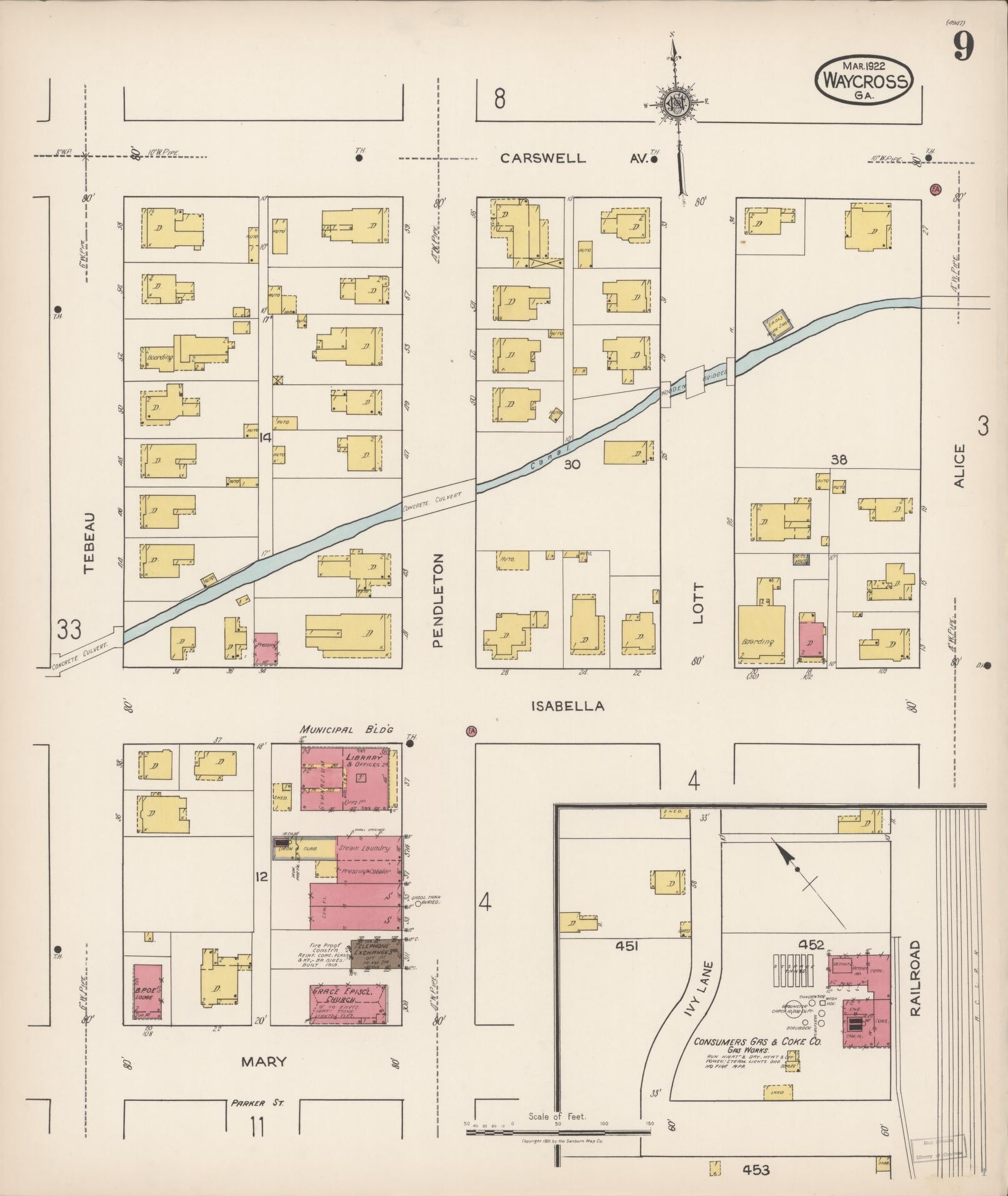 Sanborn Fire Insurance Map from Waycross, Ware County, Georgia (1922), Sheet #0009 - Historic Sanborn Fire Insurance Map Print, vintage old map wall art, antique decor, genealogy gift, Georgia Georgia map