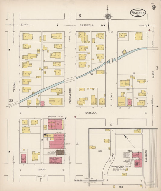 Sanborn Fire Insurance Map from Waycross, Ware County, Georgia (1922), Sheet #0009 - Historic Sanborn Fire Insurance Map Print, vintage old map wall art, antique decor, genealogy gift, Georgia Georgia map