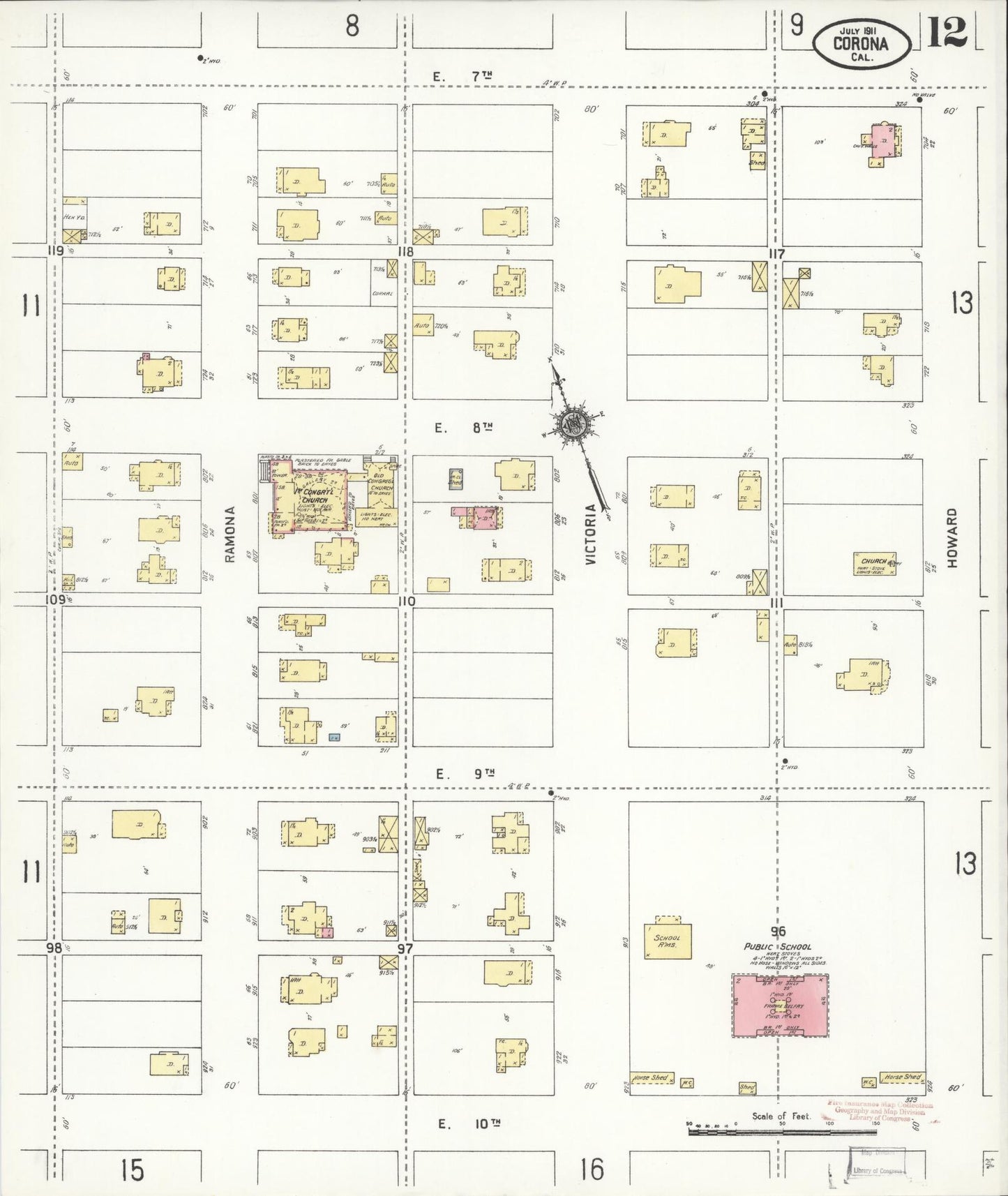 Sanborn Fire Insurance Map from Corona, Riverside County, California (1911), Sheet #0012 - Complete Map Set gallery image, historic Sanborn map, vintage wall art, California California