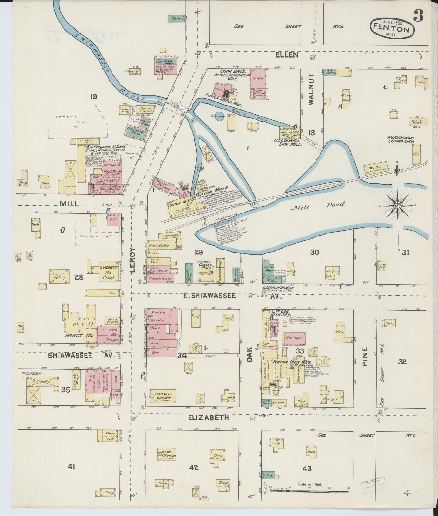 Sanborn Fire Insurance Map from Fenton, Genesee County, Michigan (1890), Sheet #0003 - Historic Sanborn Fire Insurance Map Print, vintage old map wall art, antique decor, genealogy gift, Michigan Michigan map