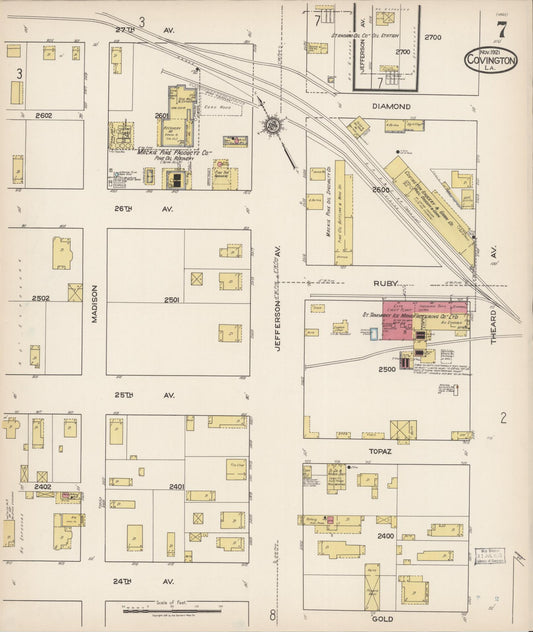 Sanborn Fire Insurance Map from Covington, Saint Tammany Parish, Louisiana (1921), Sheet #0007 - Historic Sanborn Fire Insurance Map Print, vintage old map wall art, antique decor, genealogy gift, Louisiana Louisiana map